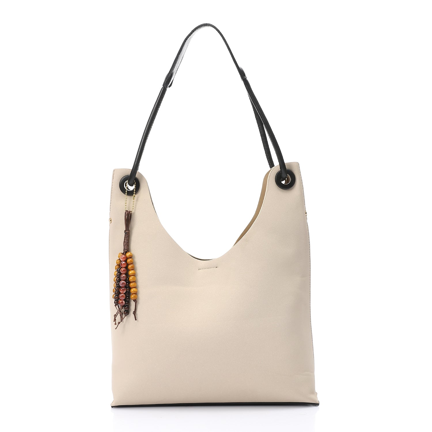 Hobo Shoulder Bag with Beaded Charm β Beige
