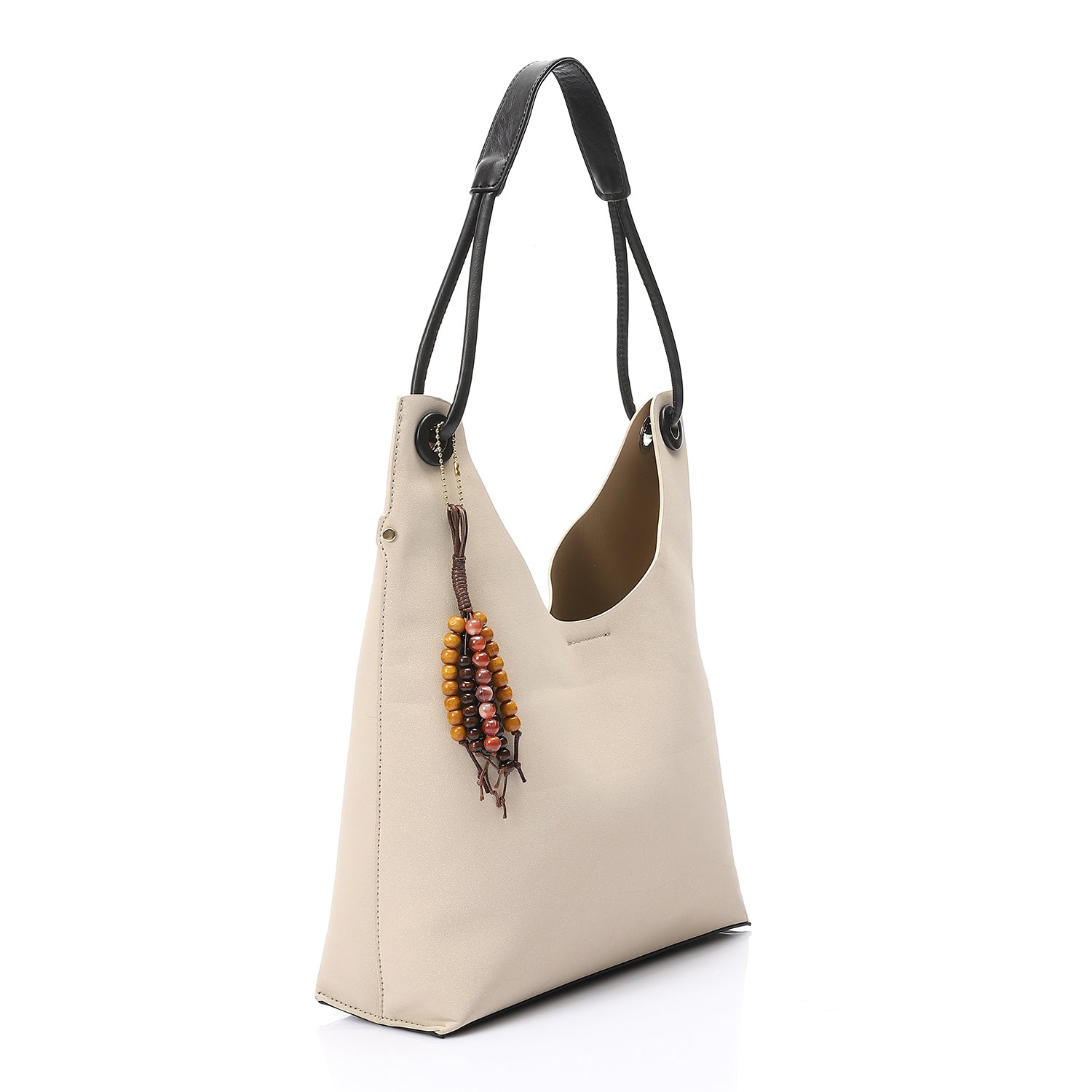 Hobo Shoulder Bag with Beaded Charm Beige