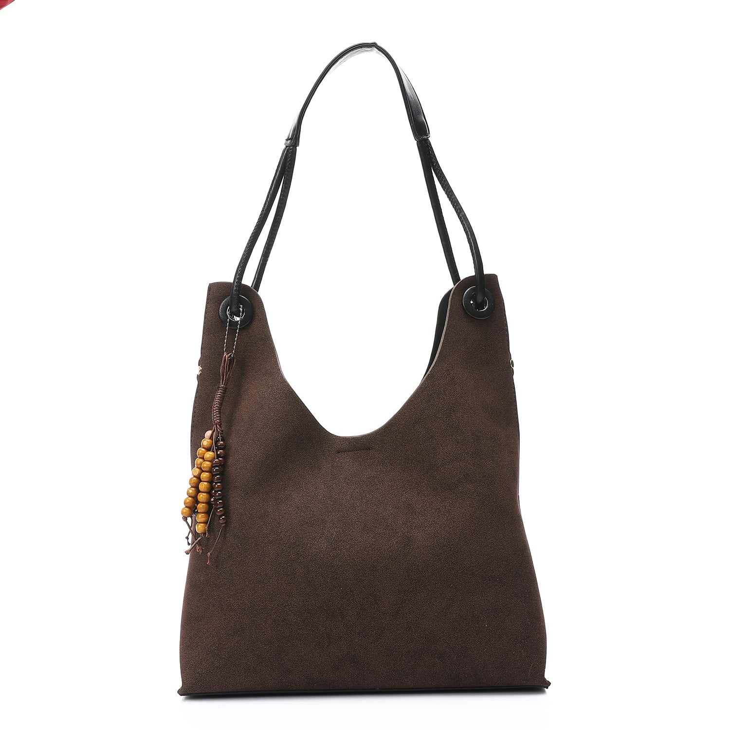 Hobo Shoulder Bag with Beaded Charm β Brown