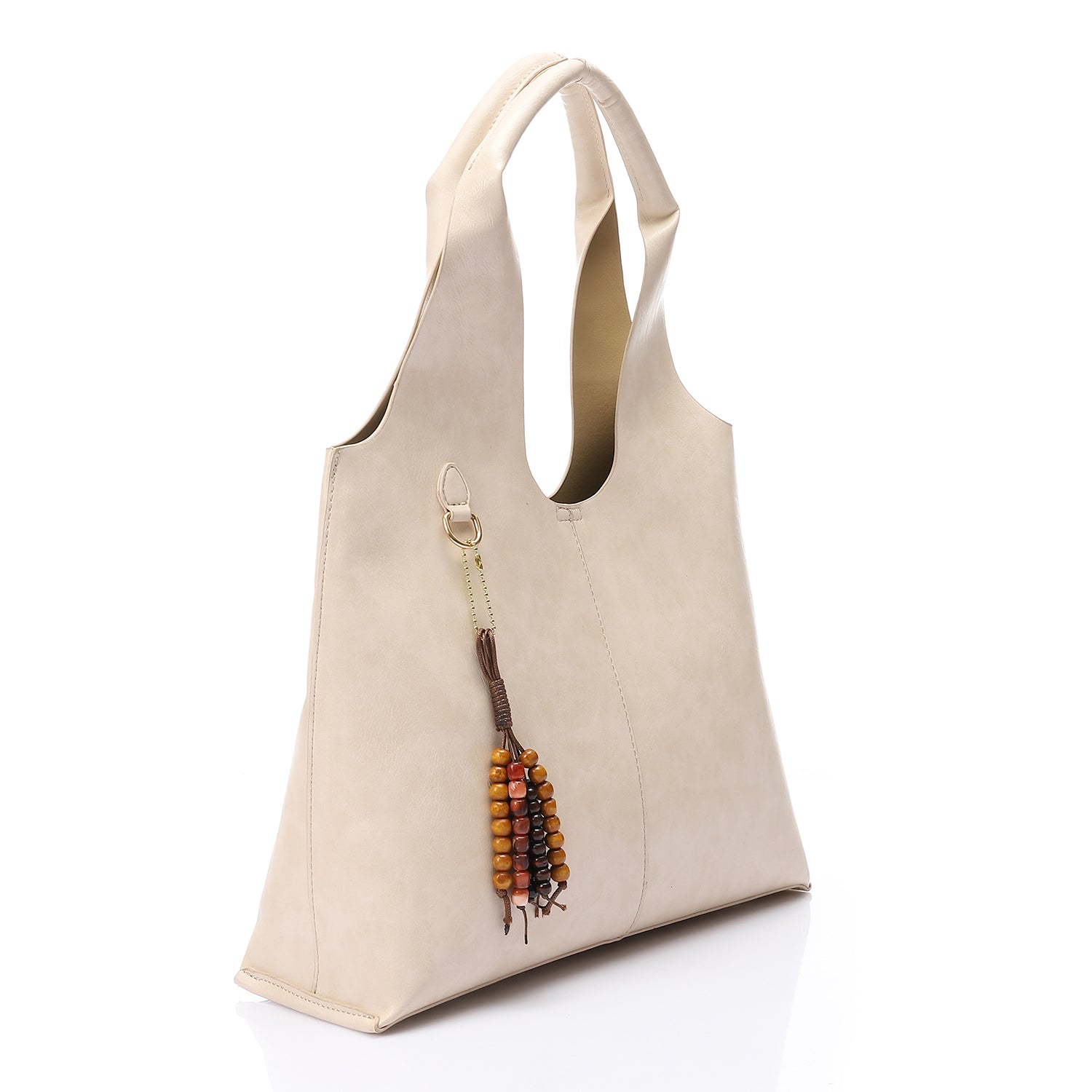 Tote Bag with Beaded Accessory Beige