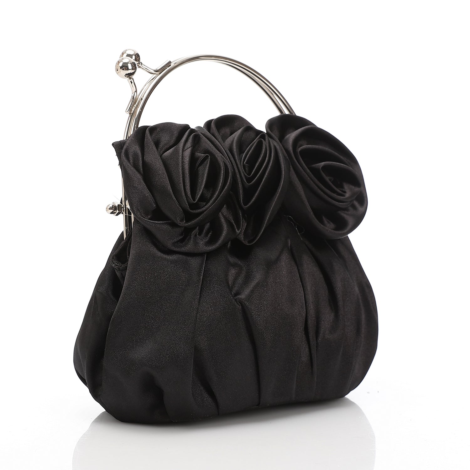 Satin Floral Rosette Evening Bag Black