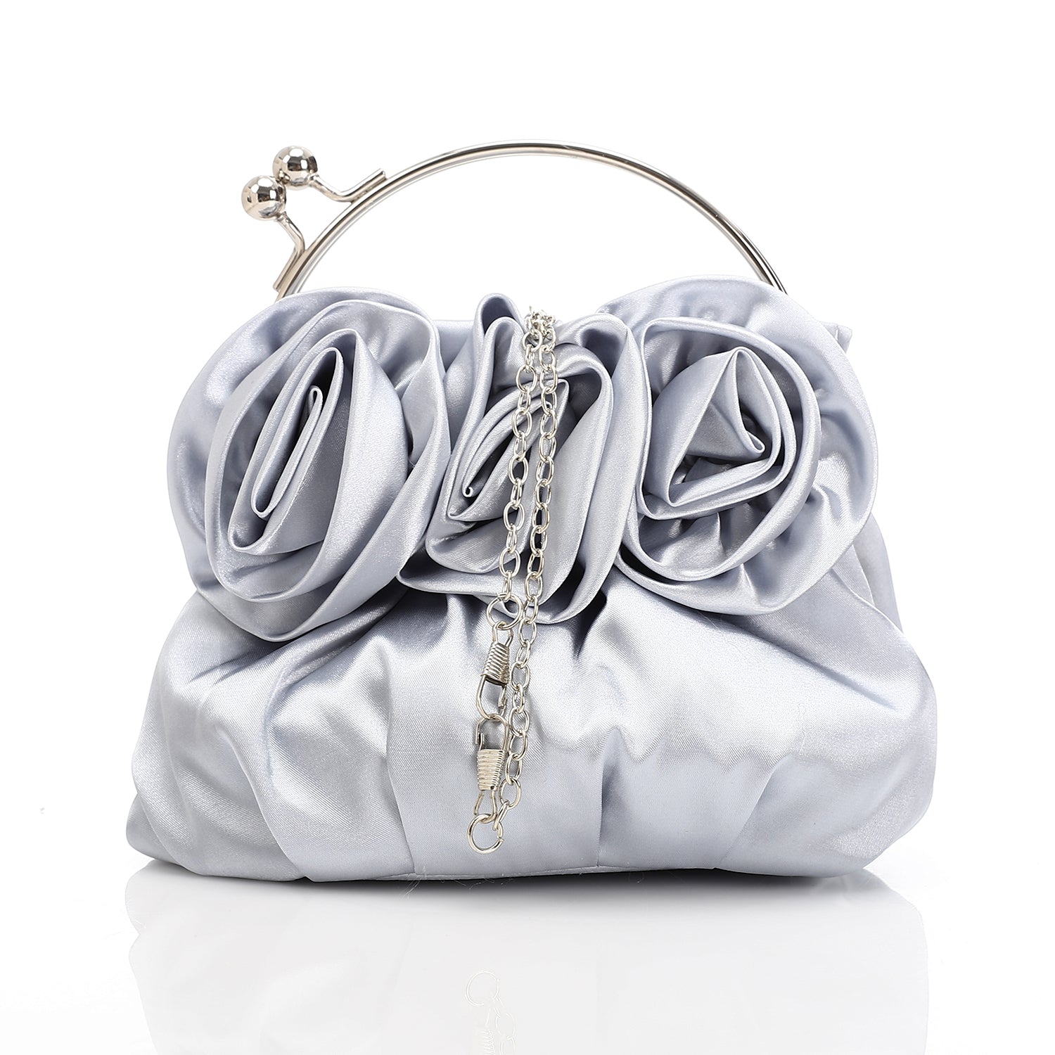 Satin Floral Rosette Evening Bag Silver
