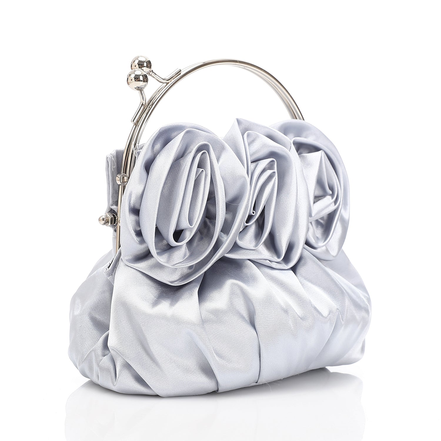 Satin Floral Rosette Evening Bag Silver
