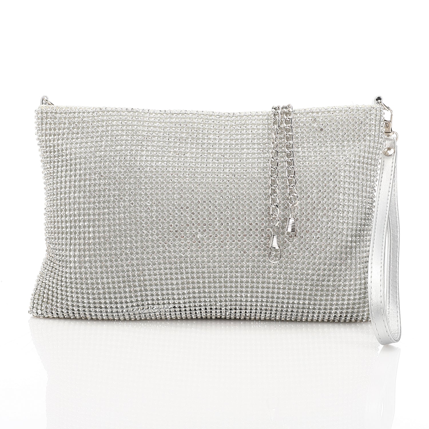 Crystal Studded Evening Envelope Clutch Silver