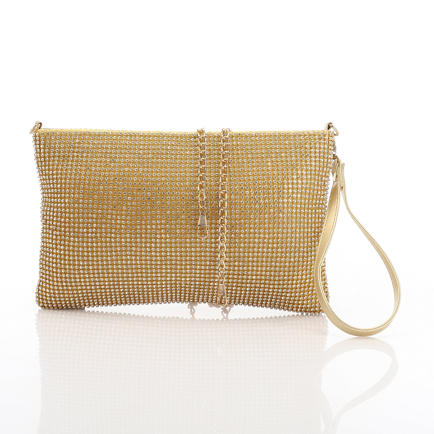 Crystal Studded Evening Envelope Clutch Gold