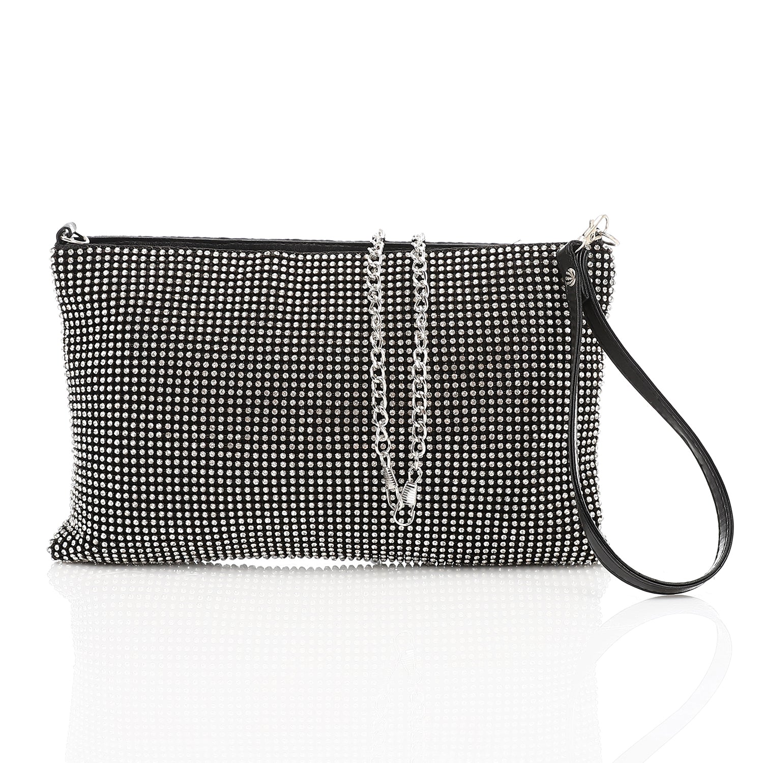 Crystal Studded Evening Envelope Clutch Dark Silver