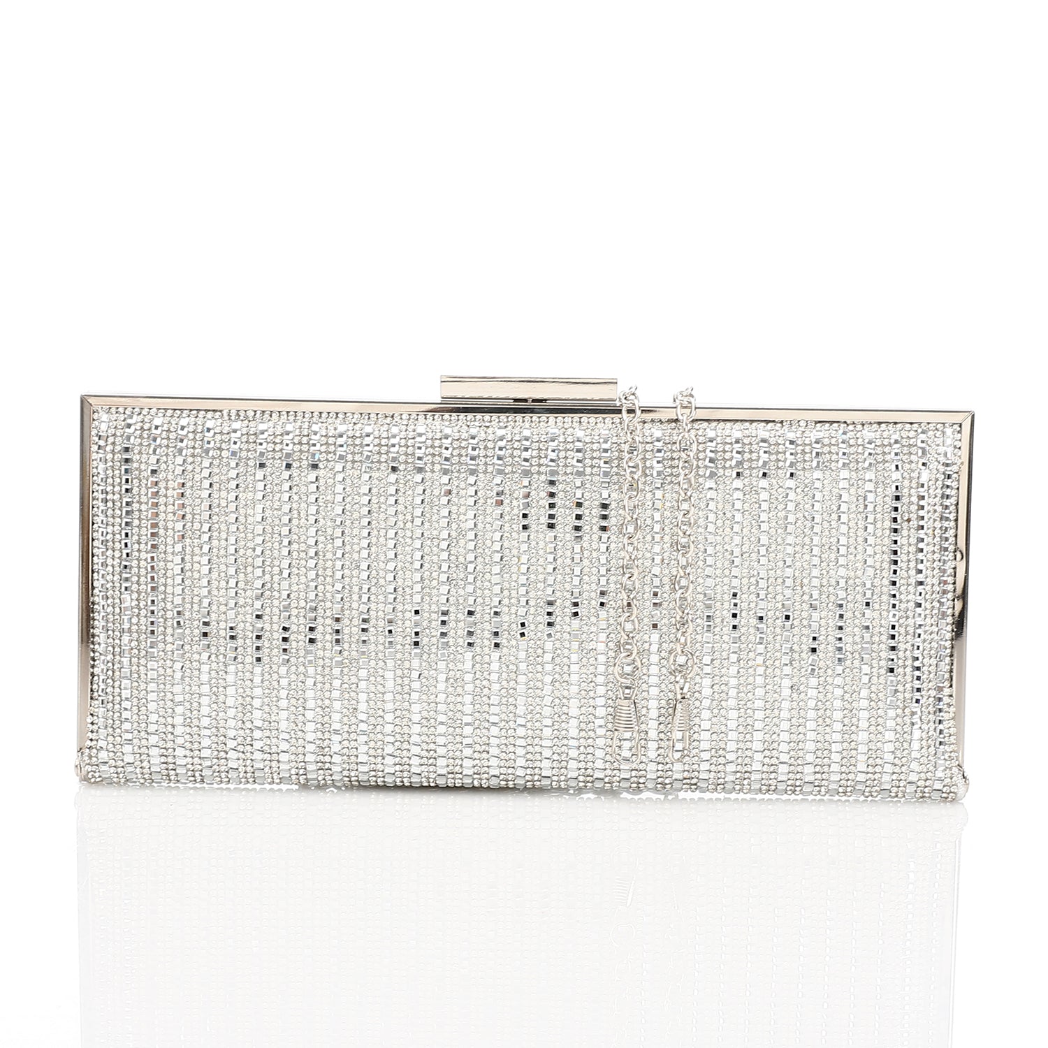 Rhinestone Linear Evening Box Clutch Silver