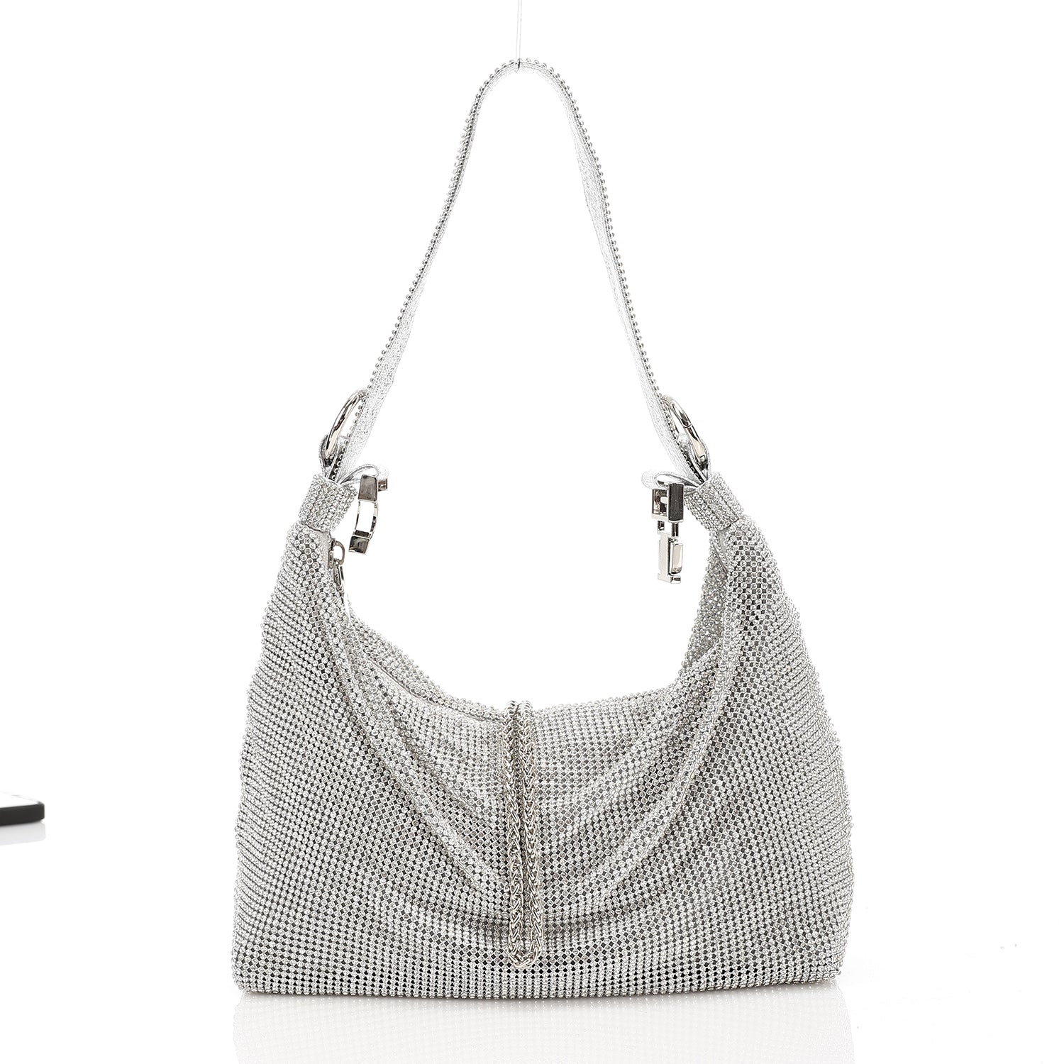 Crystal Studded Slouchy Hobo Evening Bag Silver