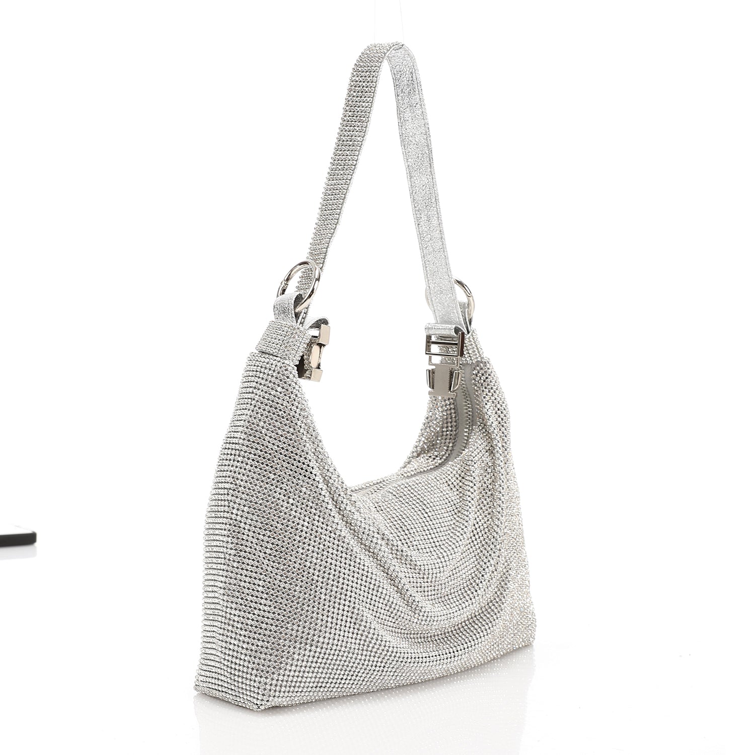 Crystal Studded Slouchy Hobo Evening Bag Silver