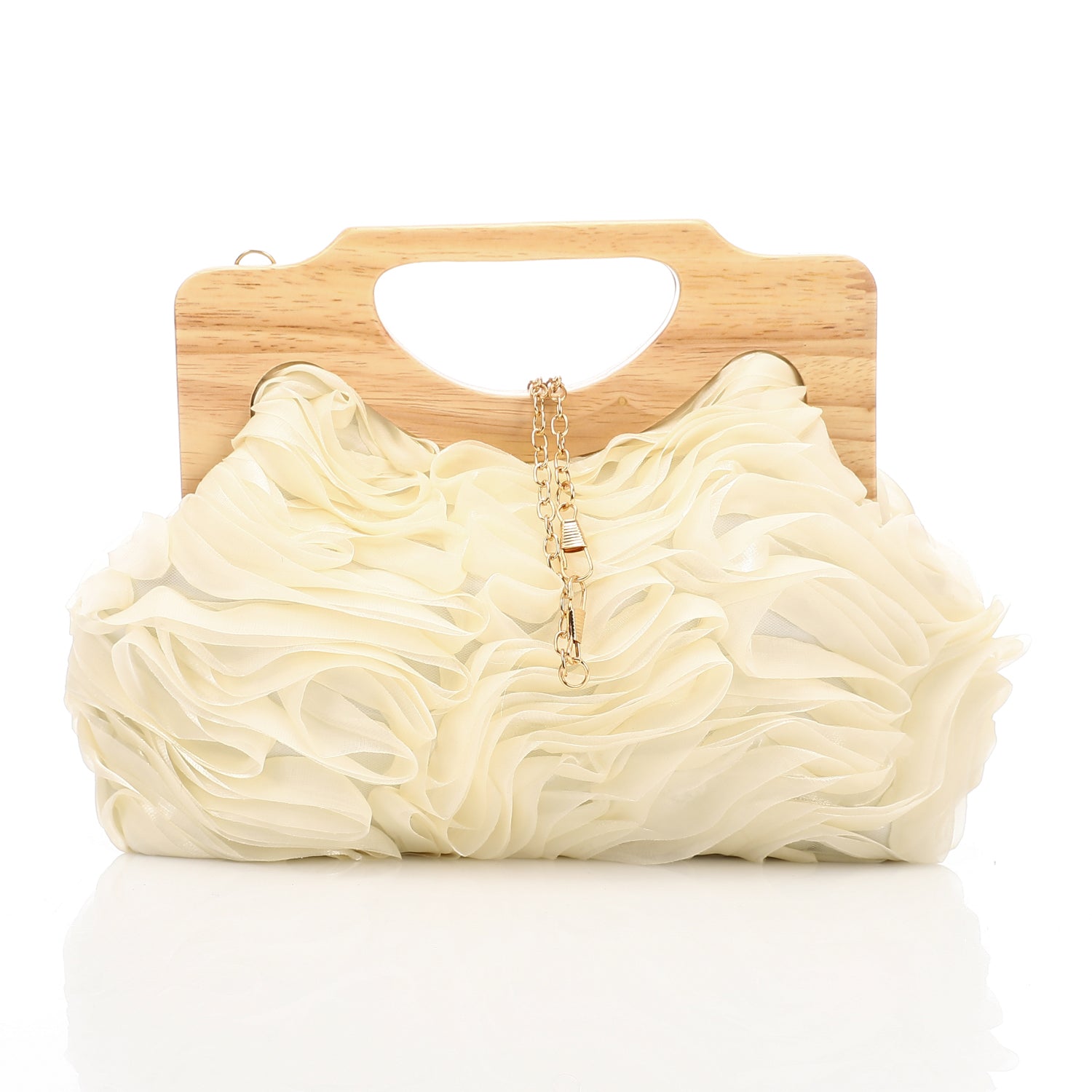 Chiffon Ruffled Evening Bag With Wooden Handle Beige