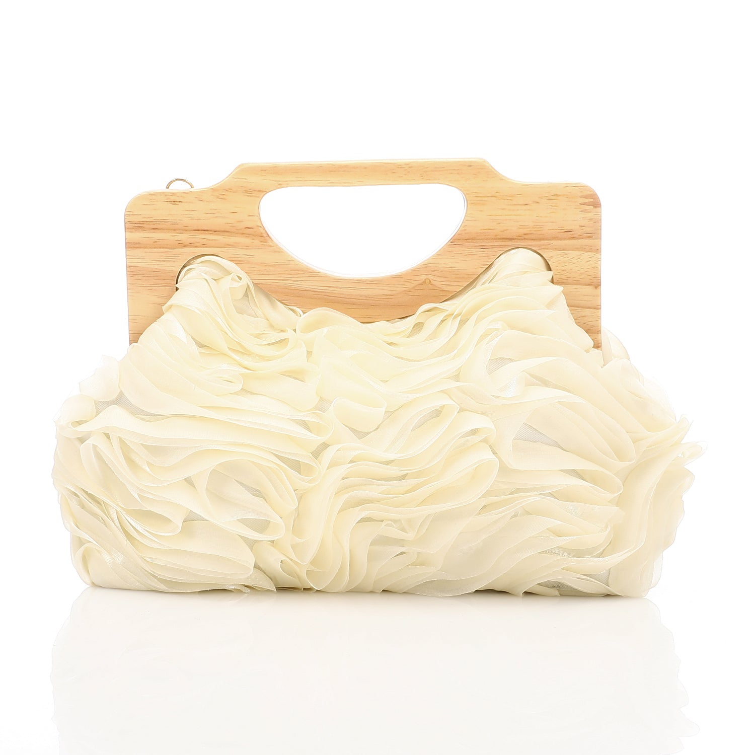 Chiffon Ruffled Evening Bag With Wooden Handle Beige