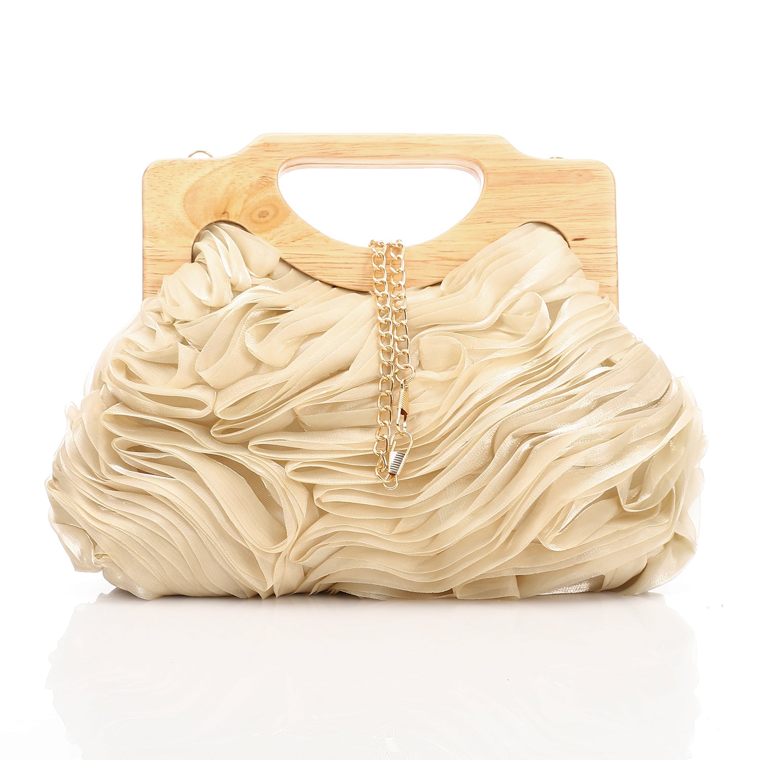 Chiffon Ruffled Evening Bag With Wooden Handle Café