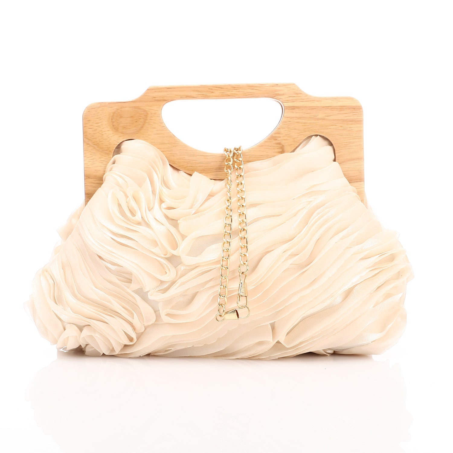 Chiffon Ruffled Evening Bag With Wooden Handle Pink