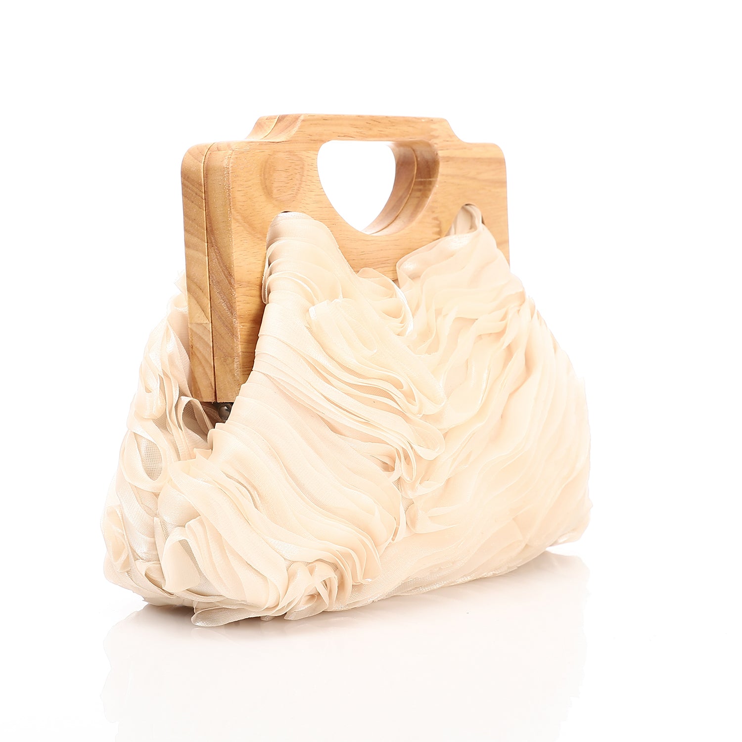 Chiffon Ruffled Evening Bag With Wooden Handle Pink