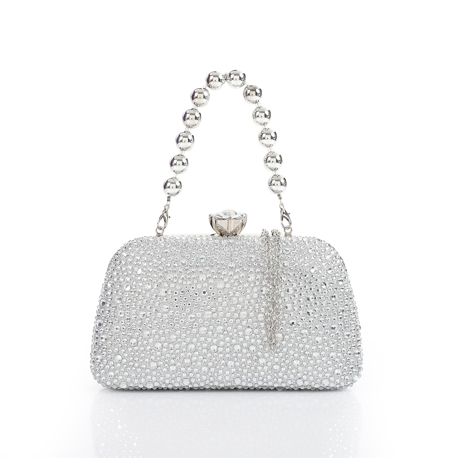 Full Crystal Rhinestone Evening Bag With Beaded Handle Silver