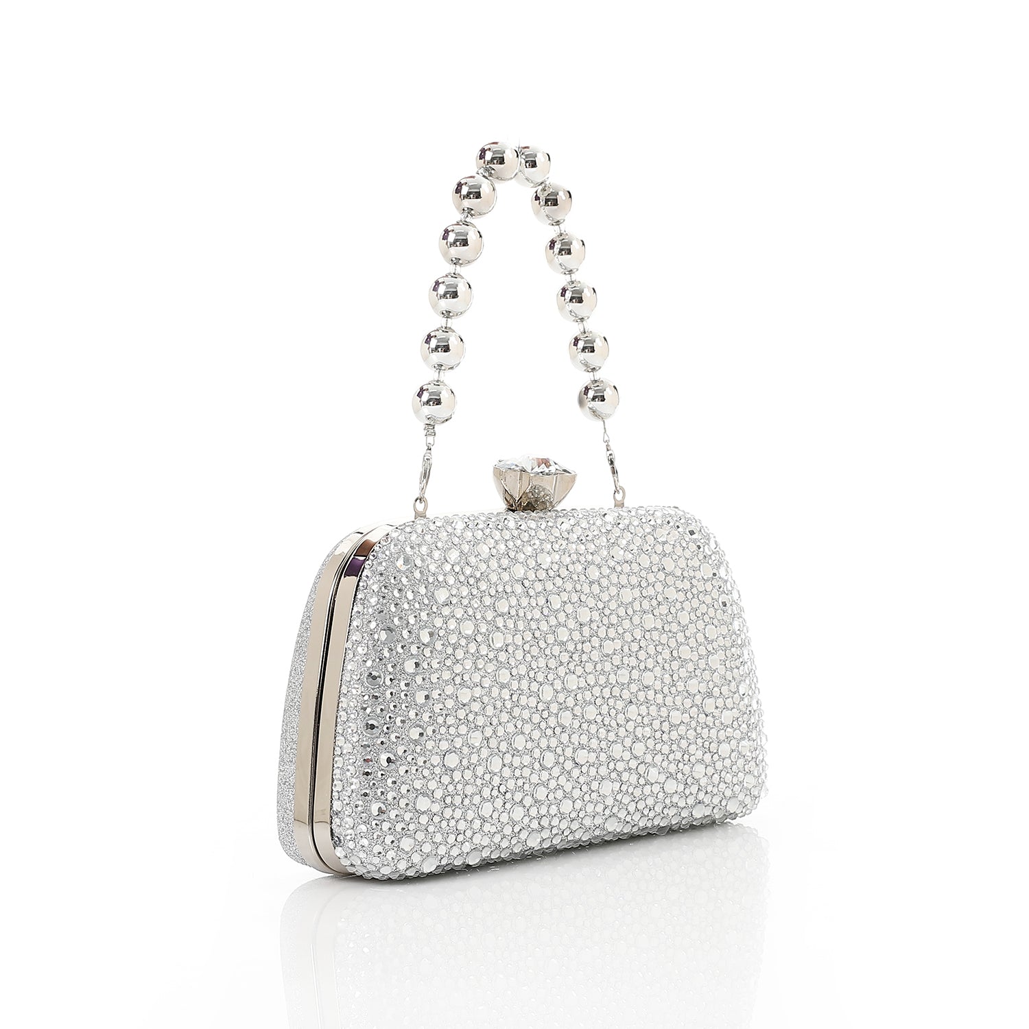 Full Crystal Rhinestone Evening Bag With Beaded Handle Silver