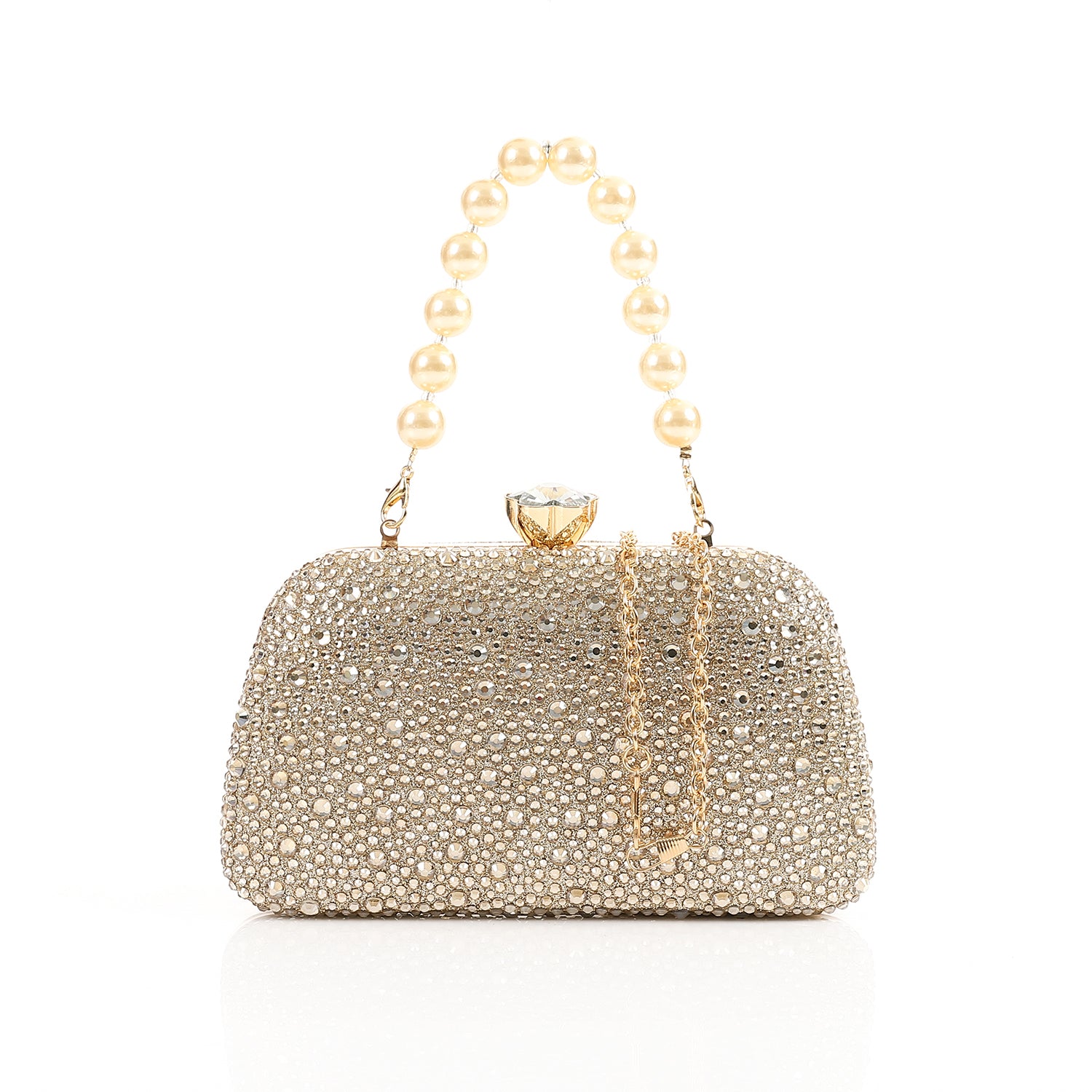Full Crystal Rhinestone Evening Bag With Beaded Handle Gold