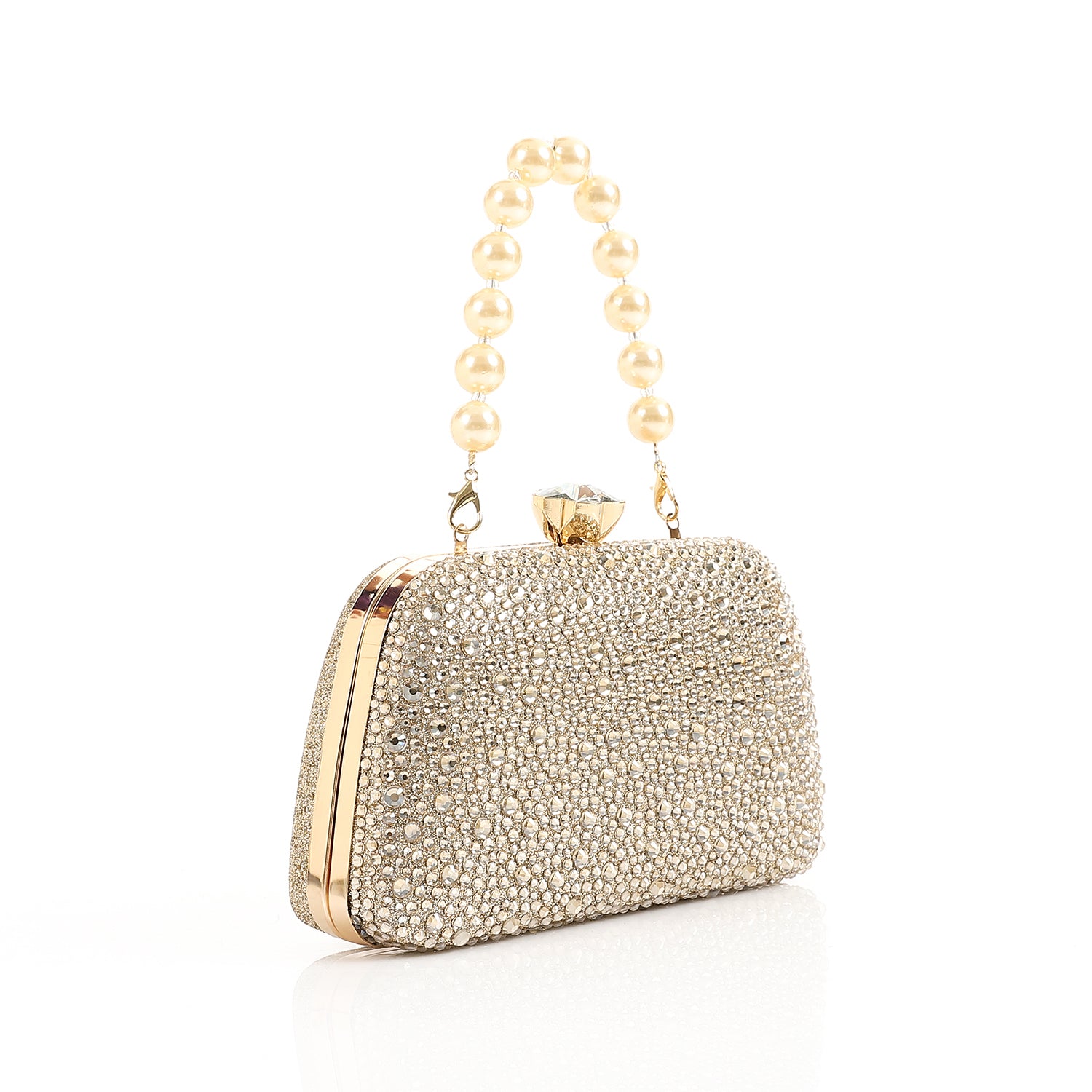 Full Crystal Rhinestone Evening Bag With Beaded Handle Gold
