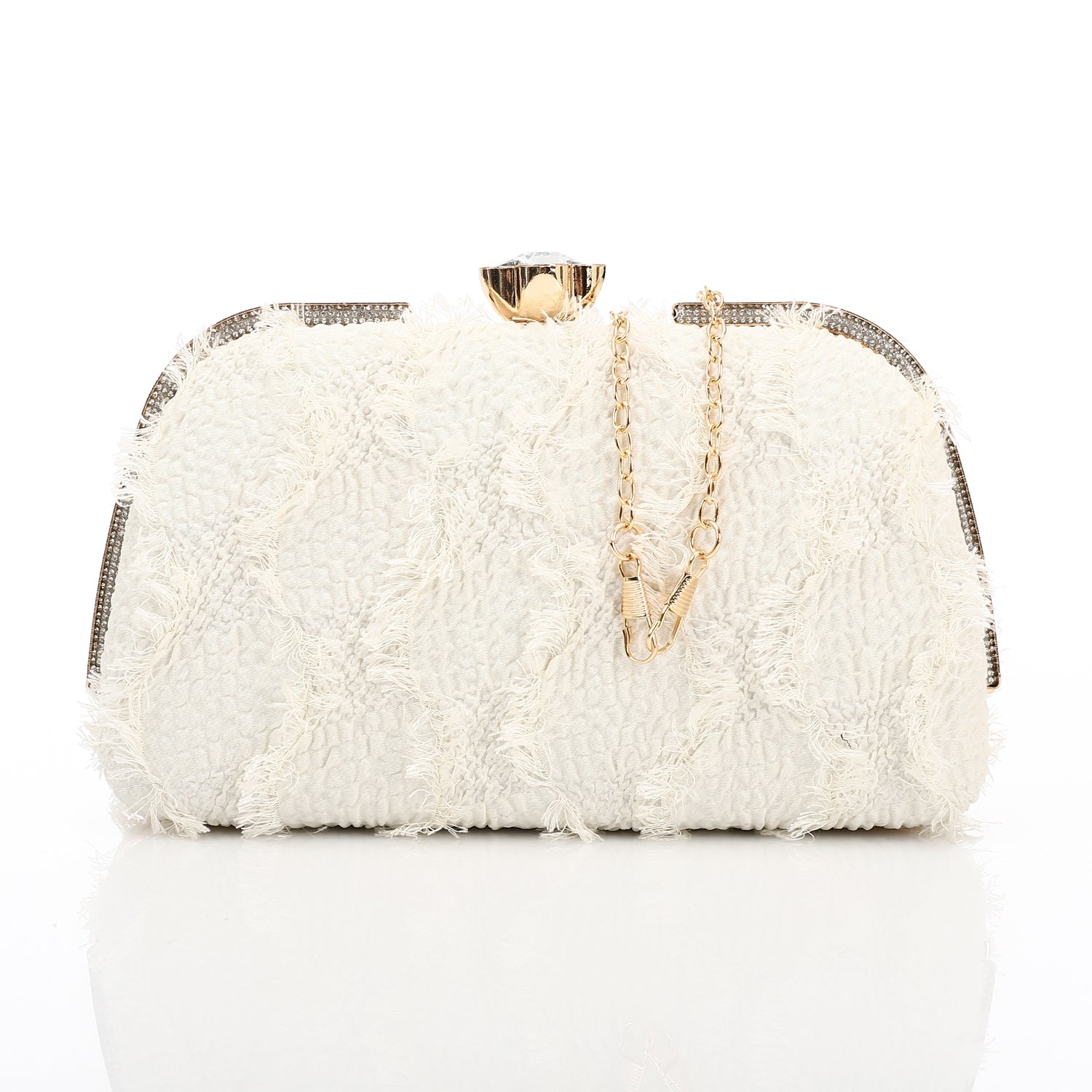 Fringed Texture Evening Clutch Off White