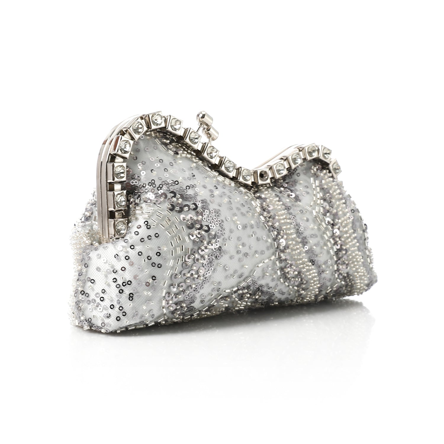 Beaded & Sequin Embellished Evening Clutch Silver