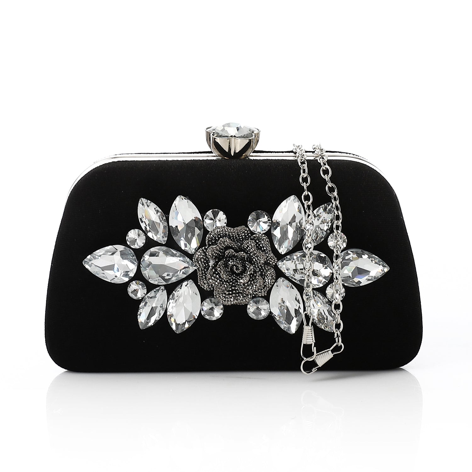 Velvet Evening Clutch with Crystal Floral Brooch Black