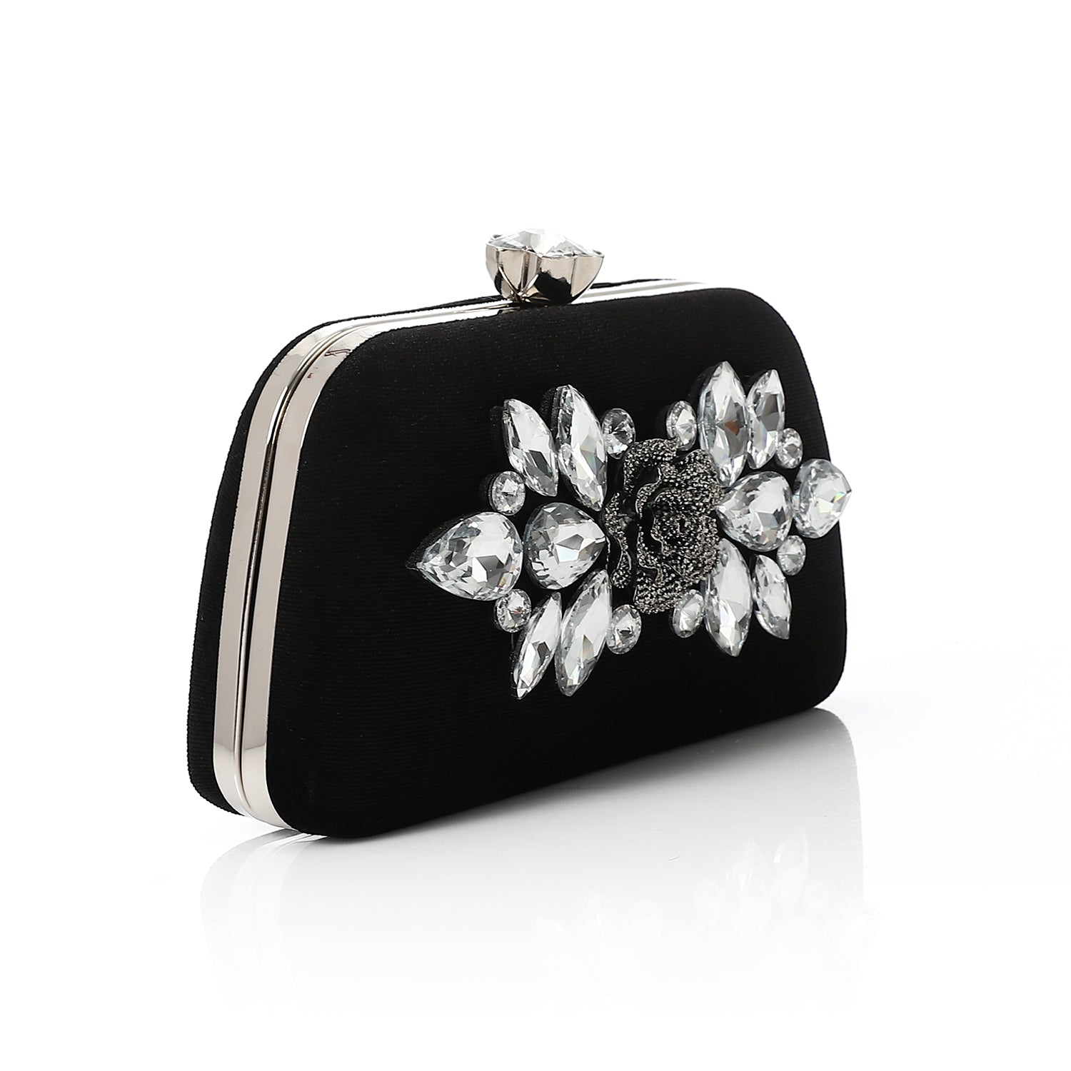 Velvet Evening Clutch with Crystal Floral Brooch Black