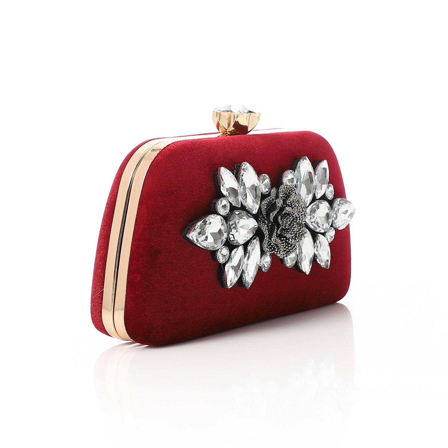 Velvet Evening Clutch with Crystal Floral Brooch Red