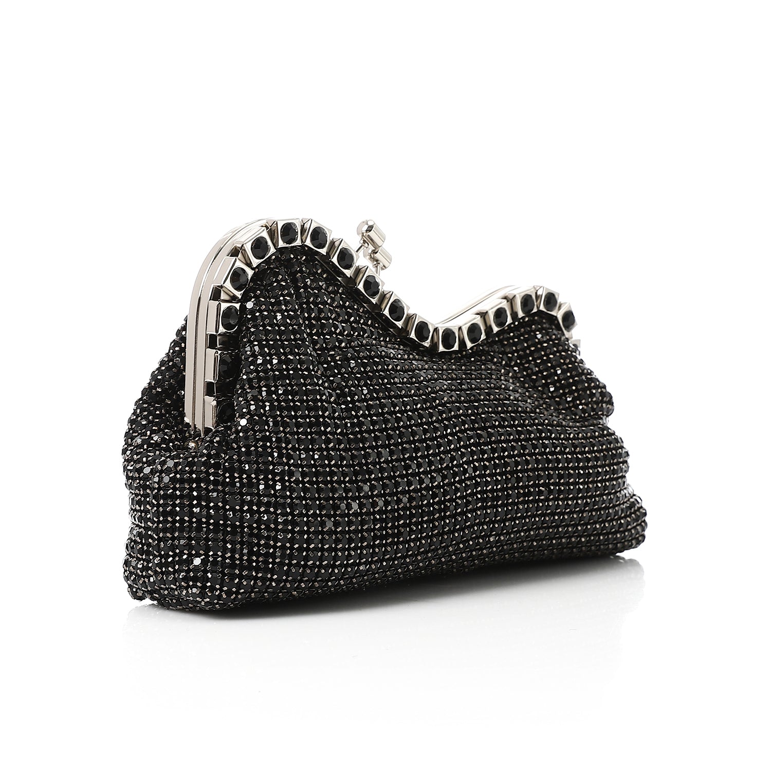 Crystal-Embellished Curved Evening Clutch Black