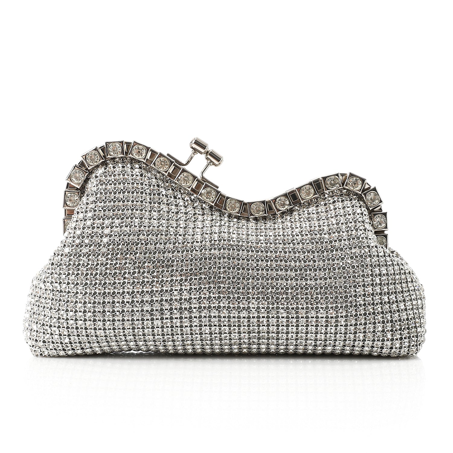 Crystal-Embellished Curved Evening Clutch Silver