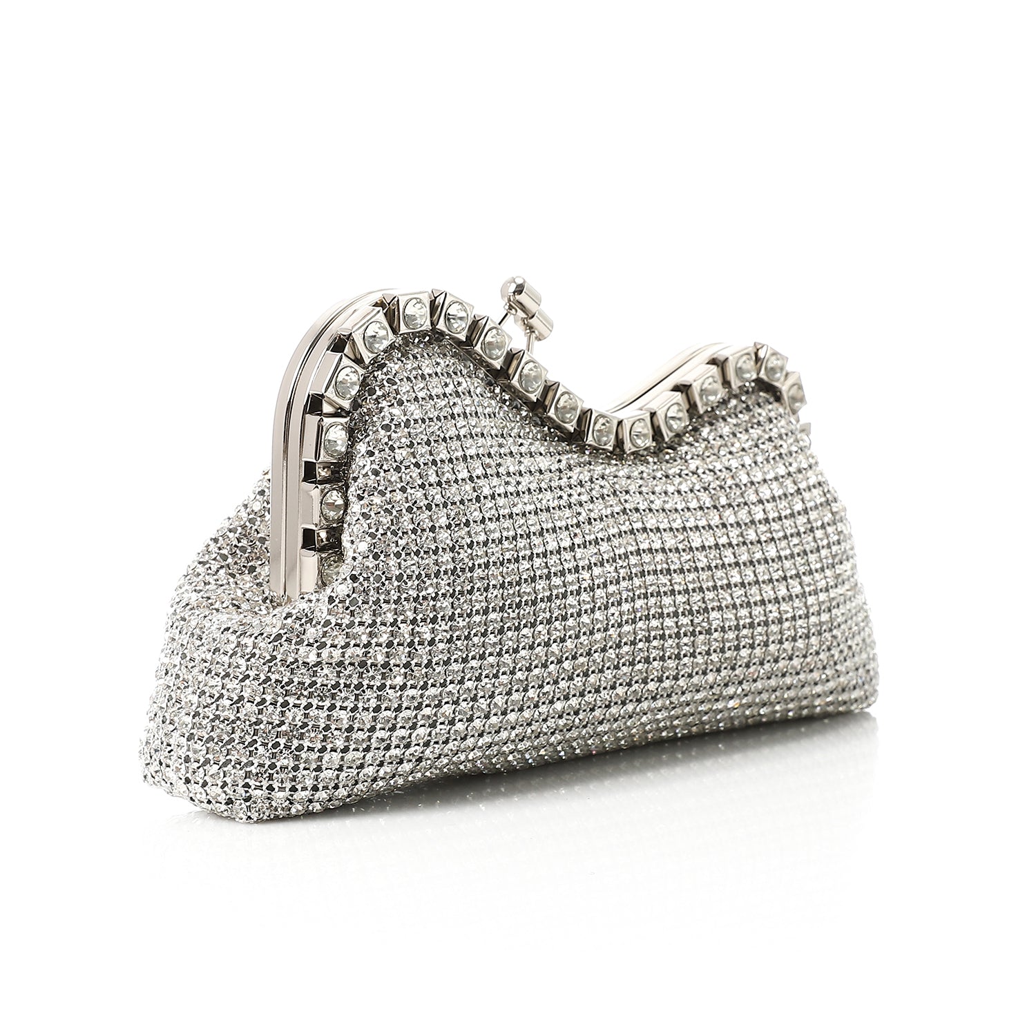 Crystal-Embellished Curved Evening Clutch Silver