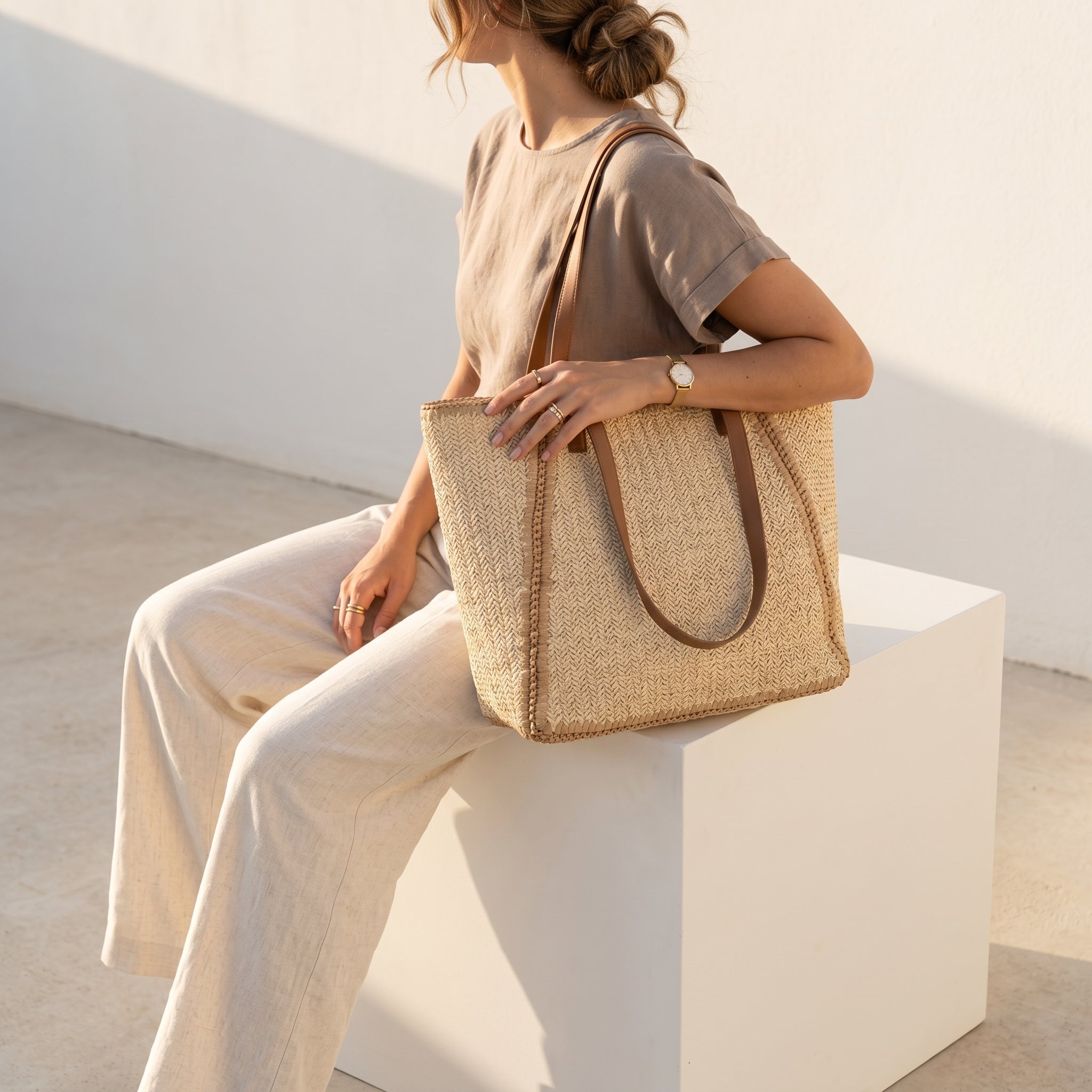 Woven Straw Tote Bag with Leather Handles Beige