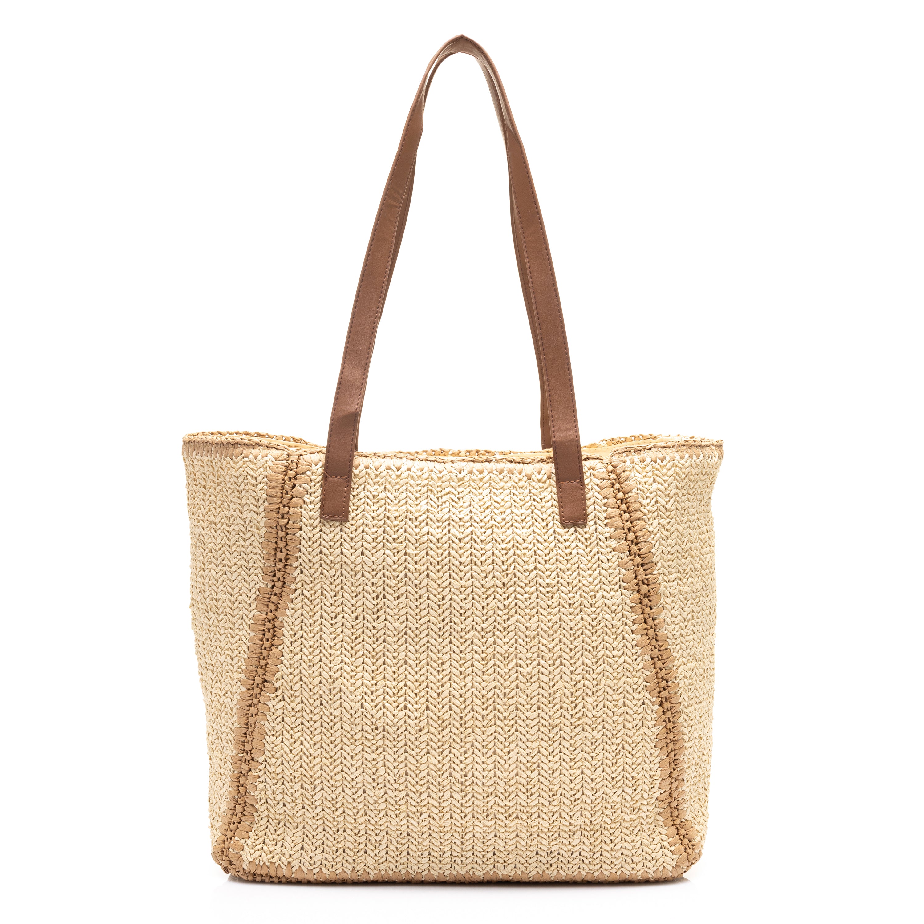 Woven Straw Tote Bag with Leather Handles Beige