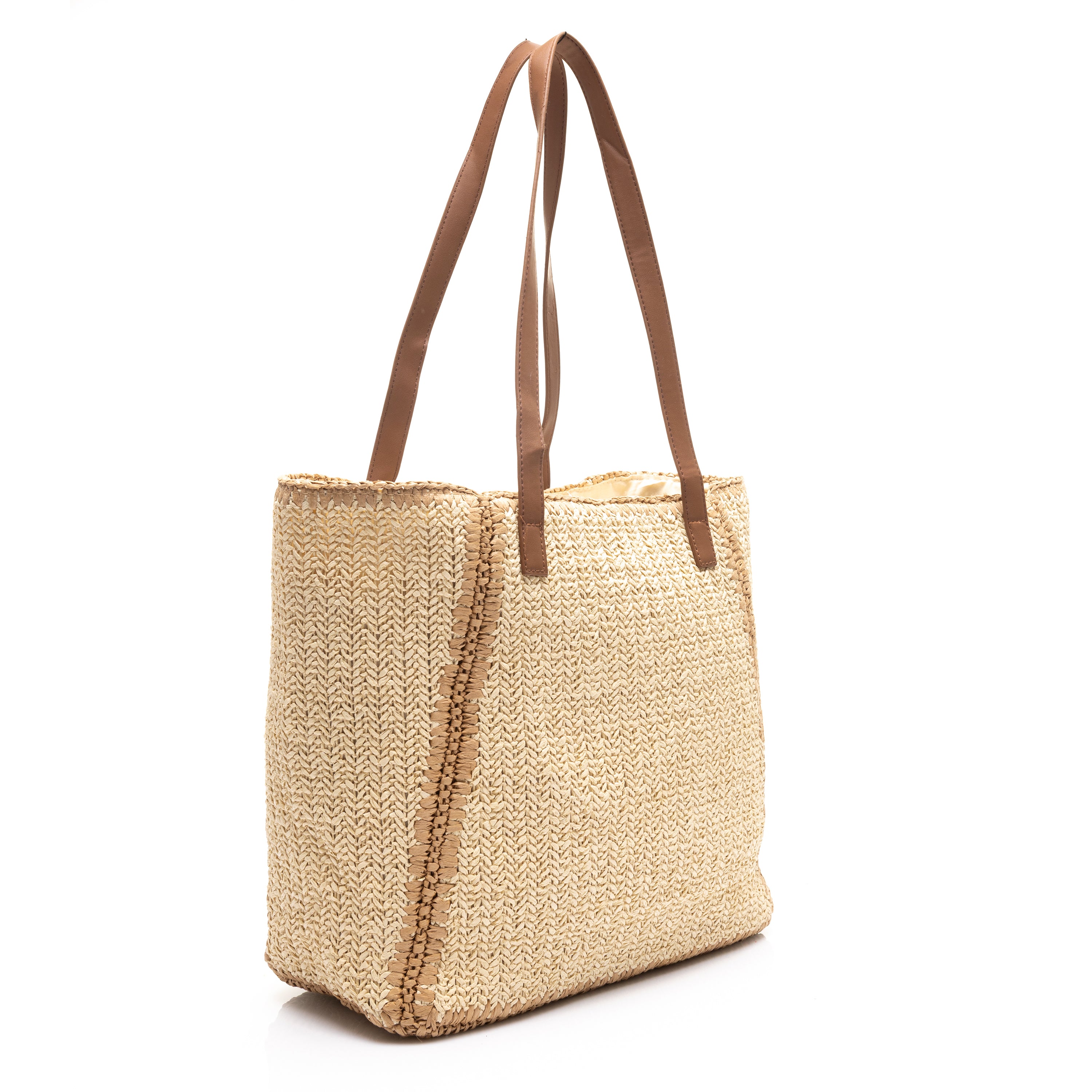 Woven Straw Tote Bag with Leather Handles Beige