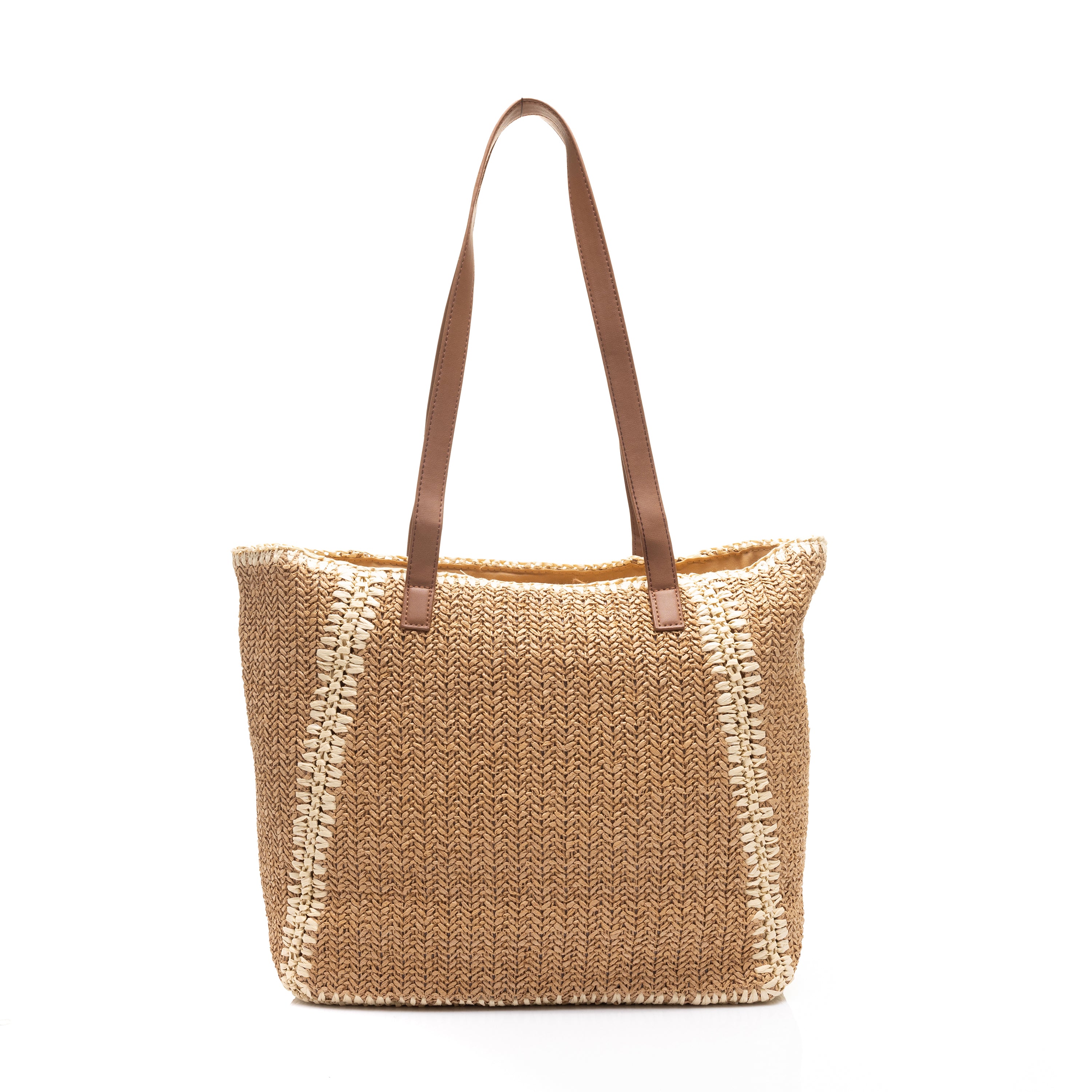 Woven Straw Tote Bag with Leather Handles Cafe