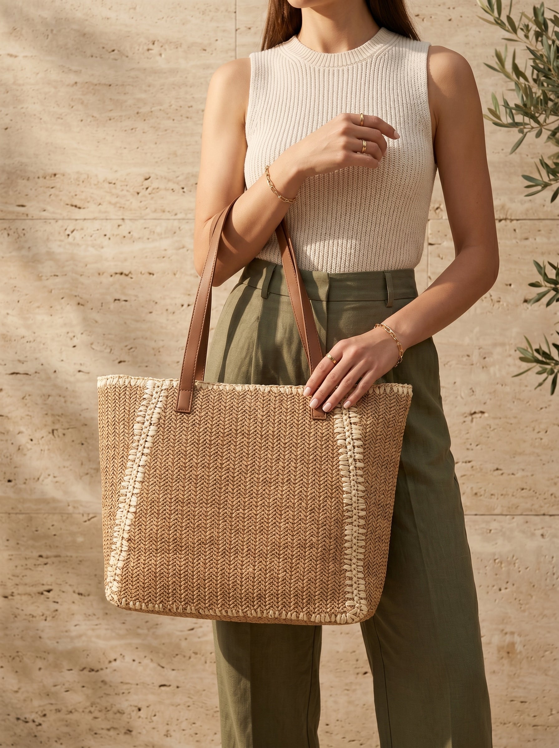 Woven Straw Tote Bag with Leather Handles Cafe
