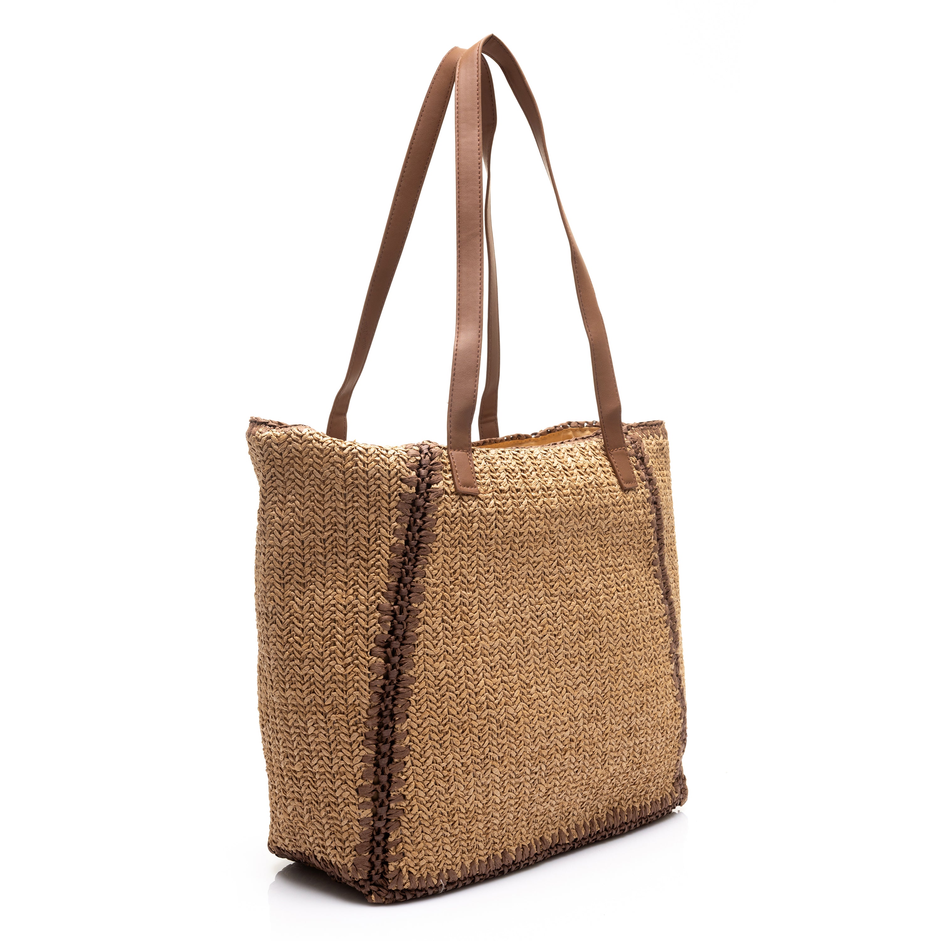Woven Straw Tote Bag with Leather Handles Brown