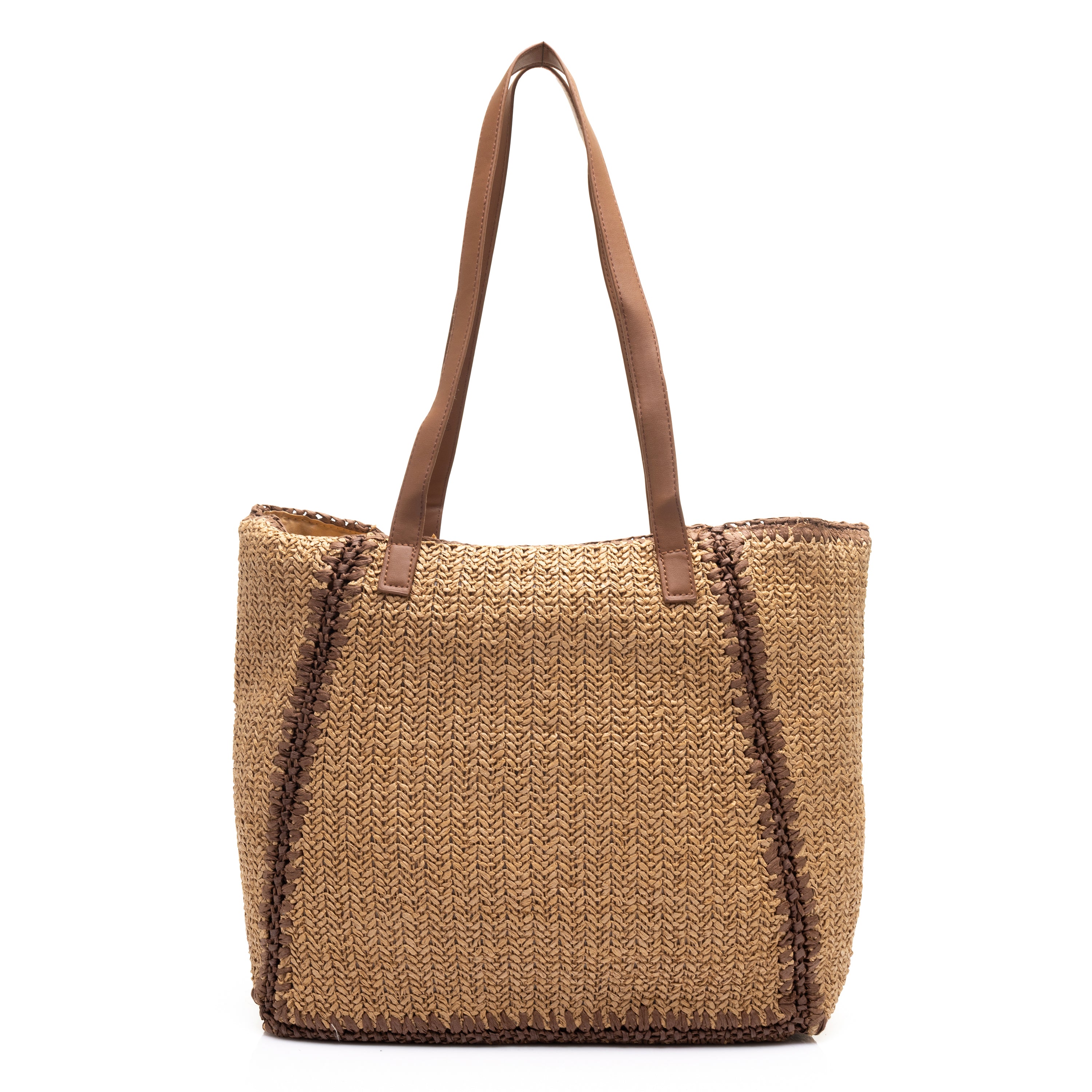 Woven Straw Tote Bag with Leather Handles Brown