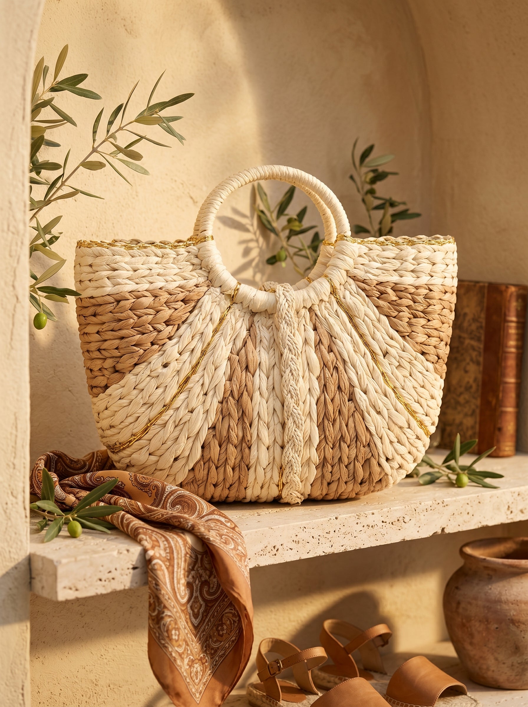 Two-Tone Fan Shape Woven Straw Bag