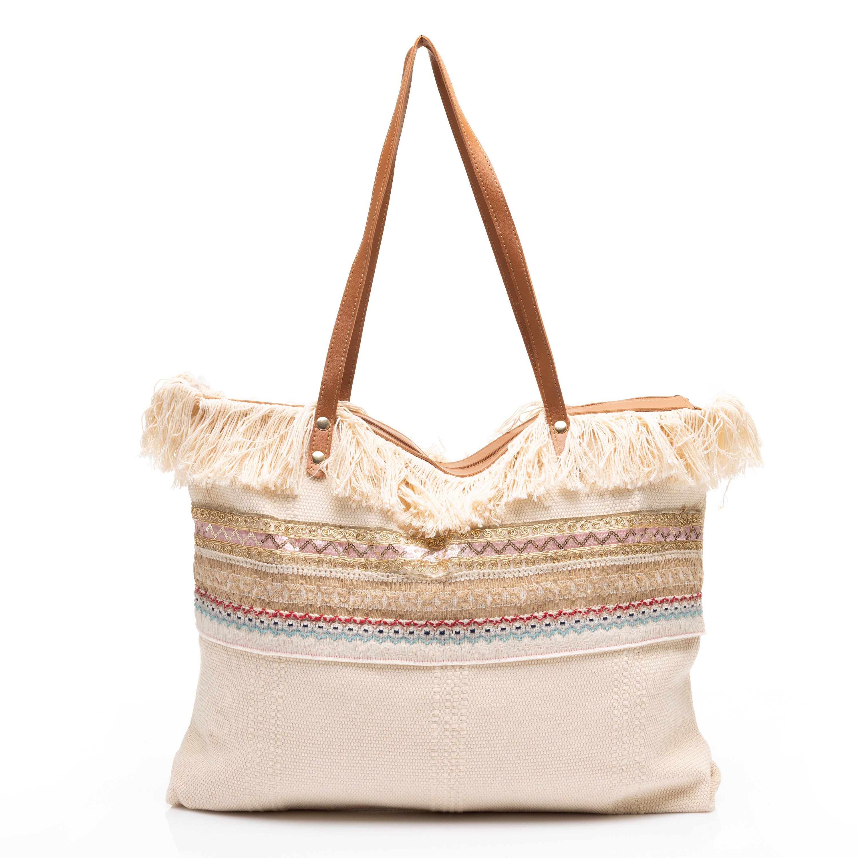 Boho Embroidered Fringe Tote Bag