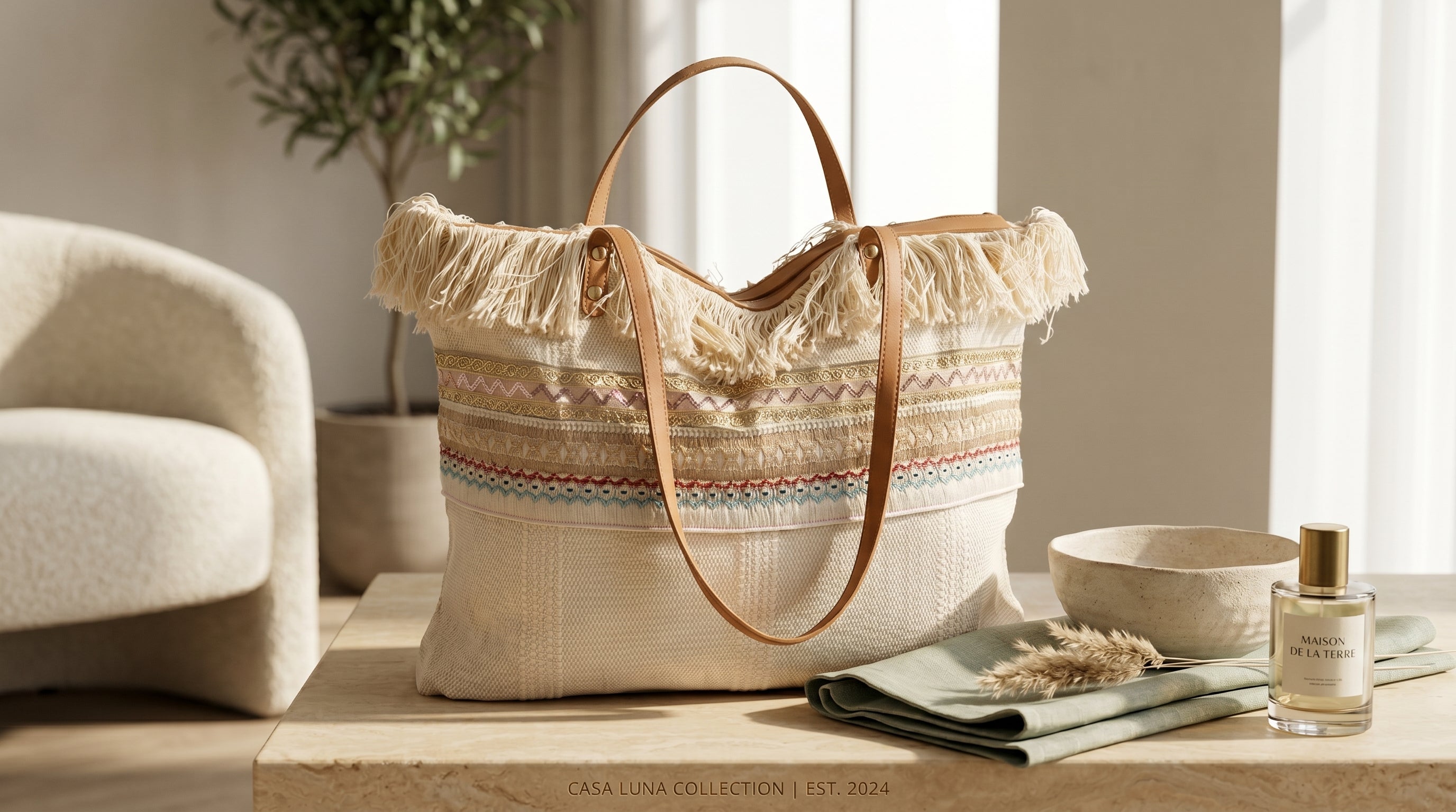 Boho Embroidered Fringe Tote Bag