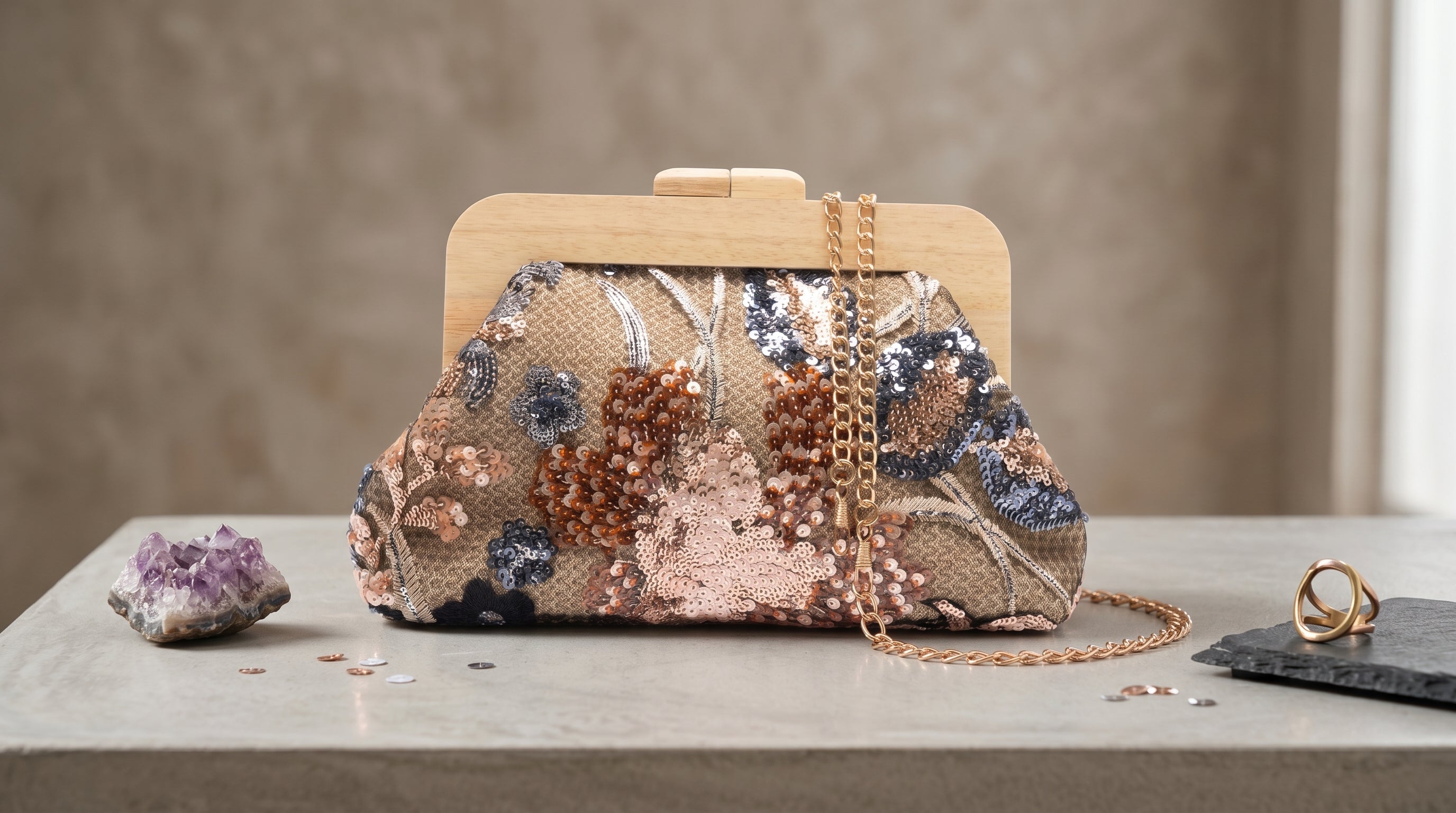 Floral Embroidered Sequin Clutch Bag