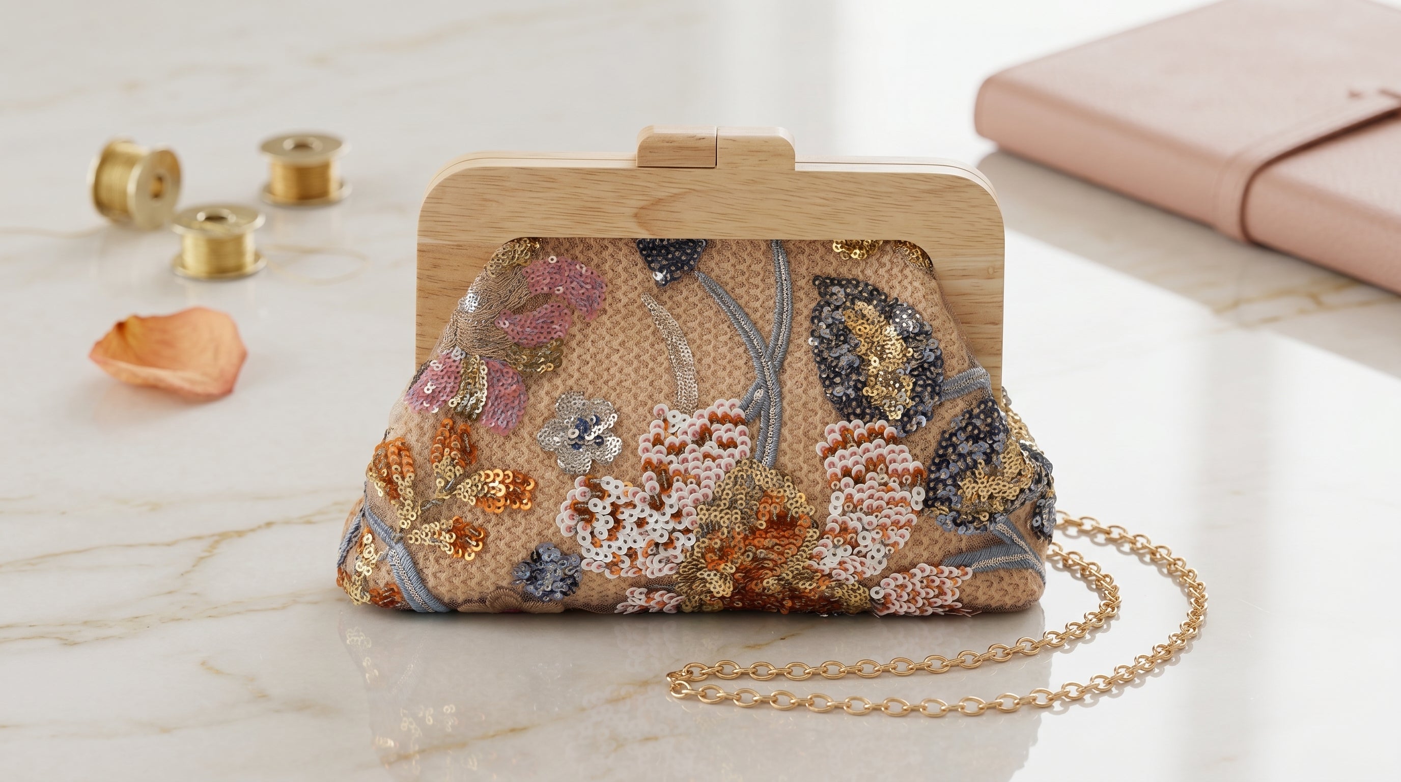 Floral Embroidered Sequin Clutch Bag