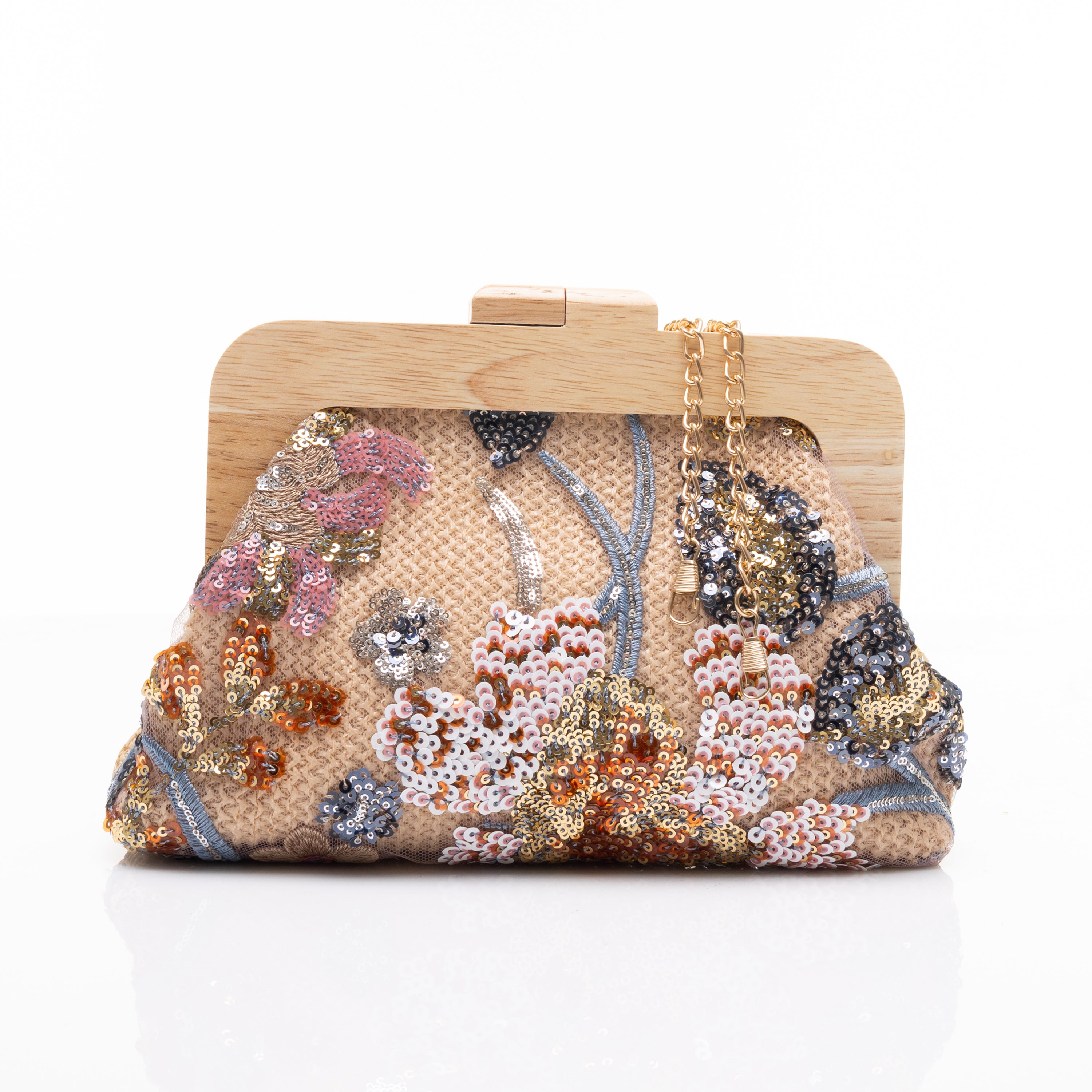 Floral Embroidered Sequin Clutch Bag Pink