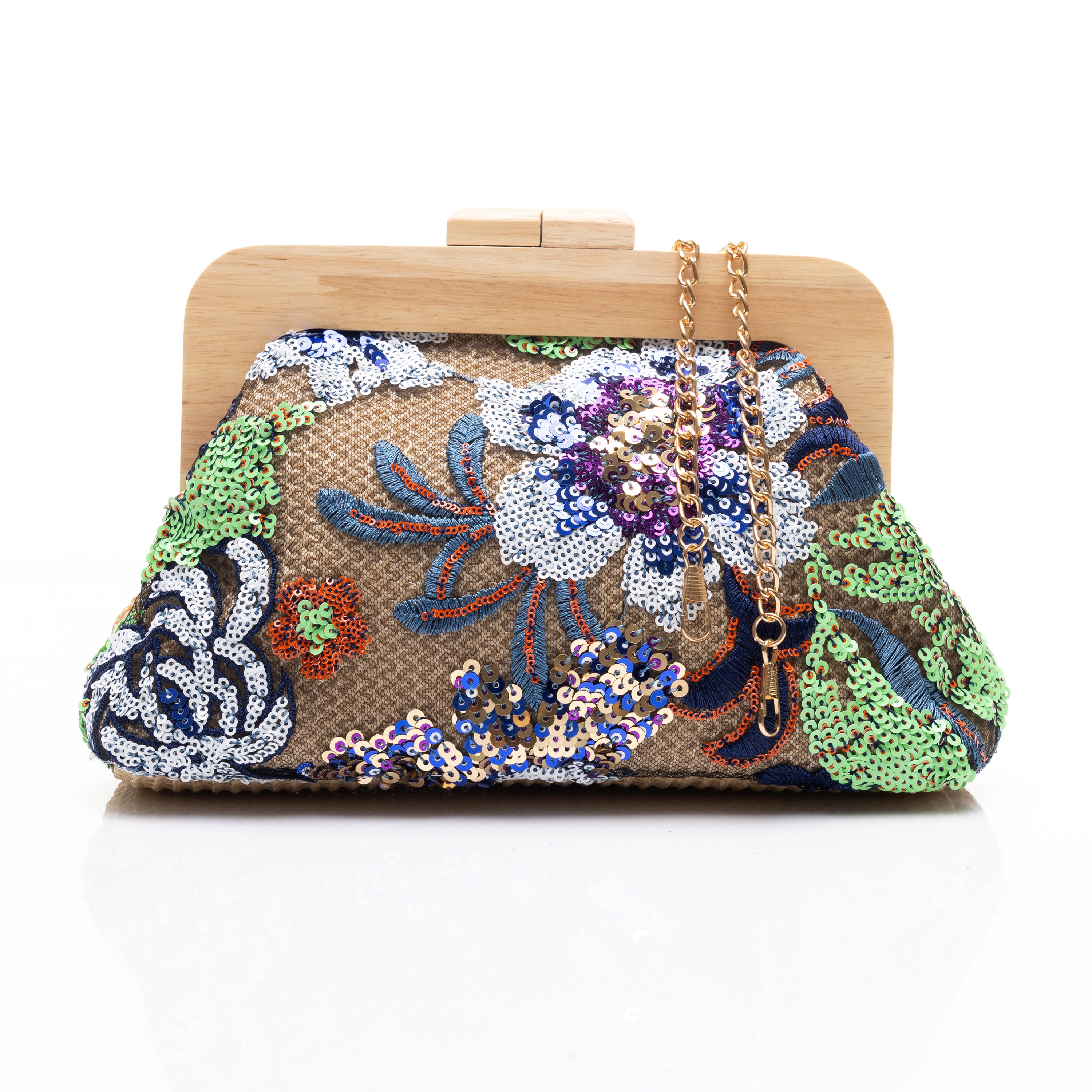 Floral Embroidered Sequin Clutch Bag Green