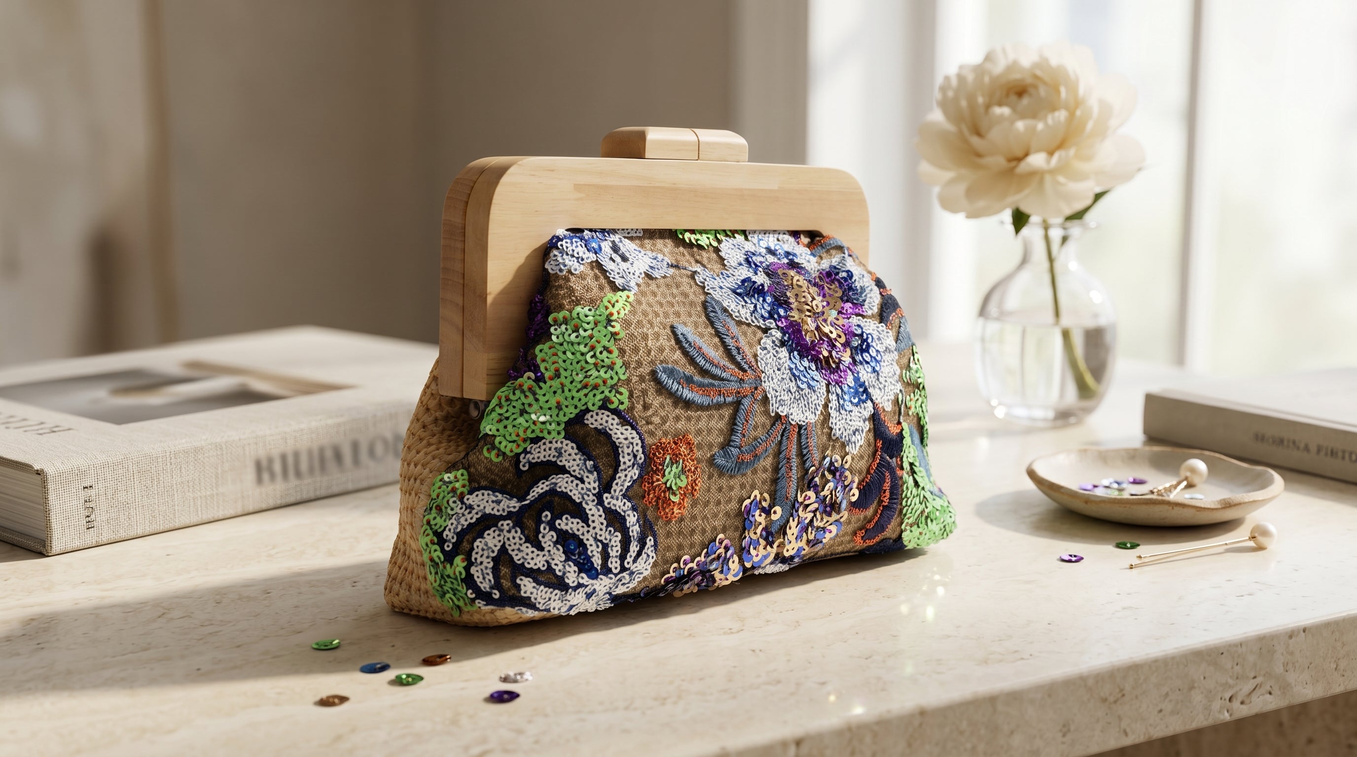 Floral Embroidered Sequin Clutch Bag Green