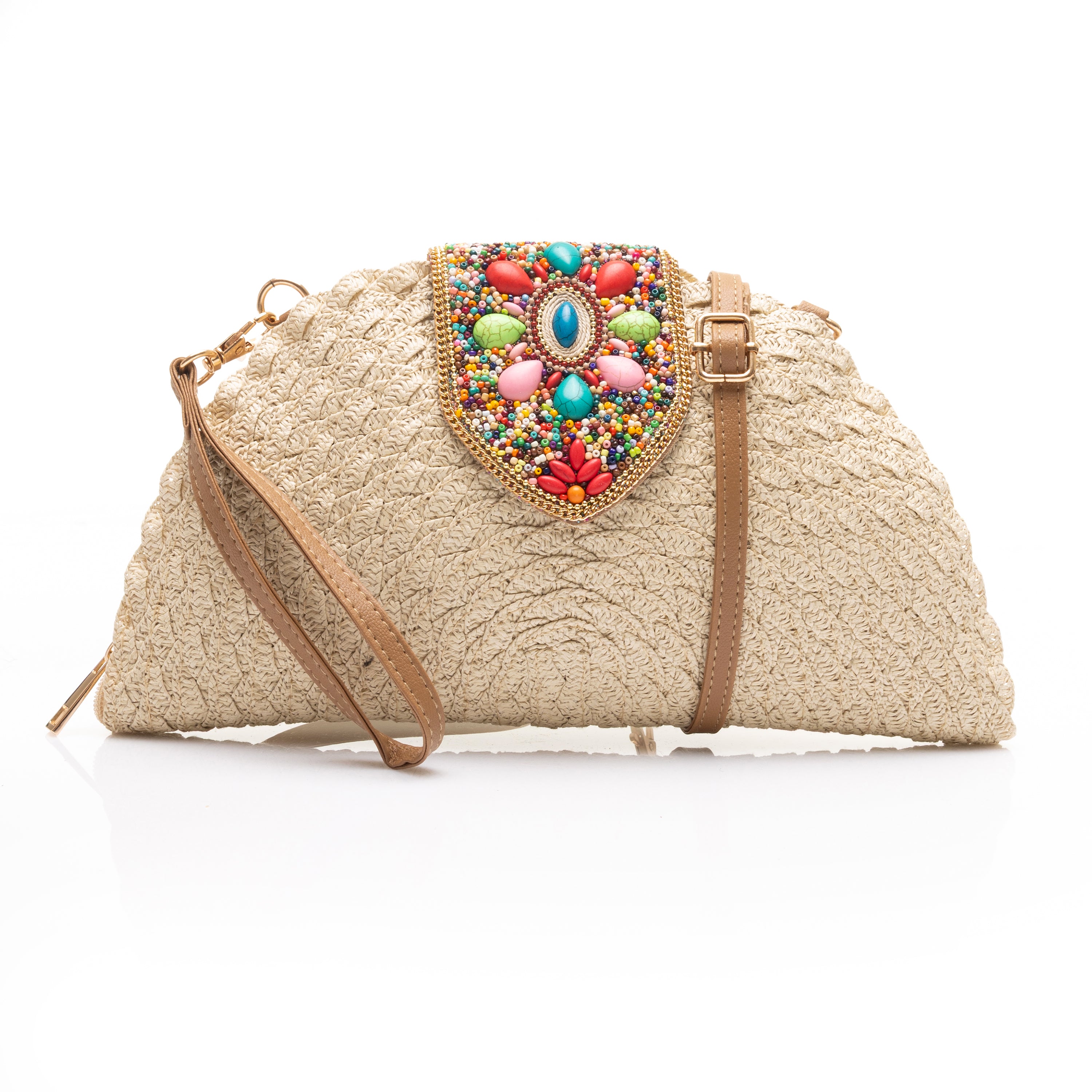 Beaded Flap Straw Clutch Bag with Wristlet Strap