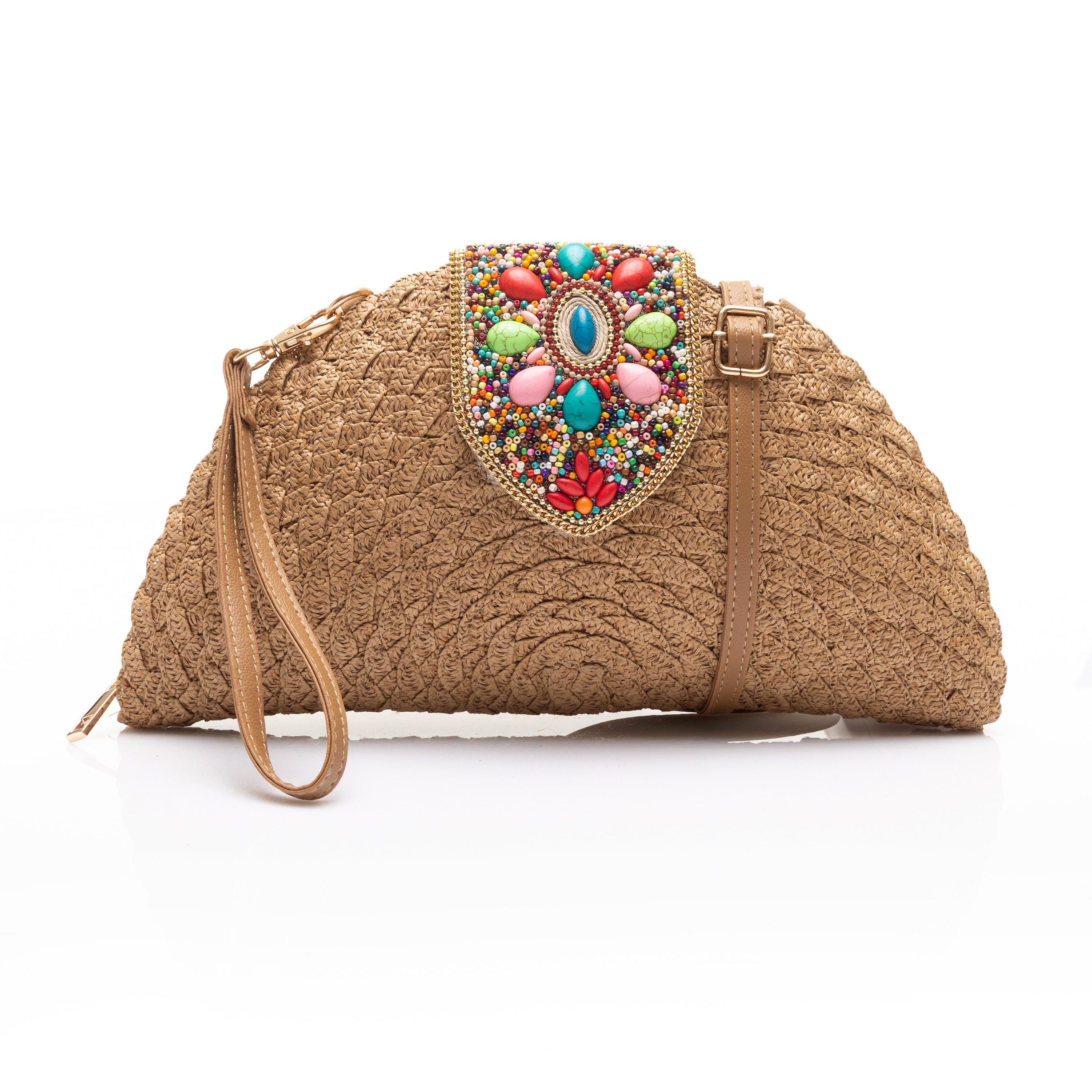 Beaded Flap Straw Clutch Bag with Wristlet Strap Cafe