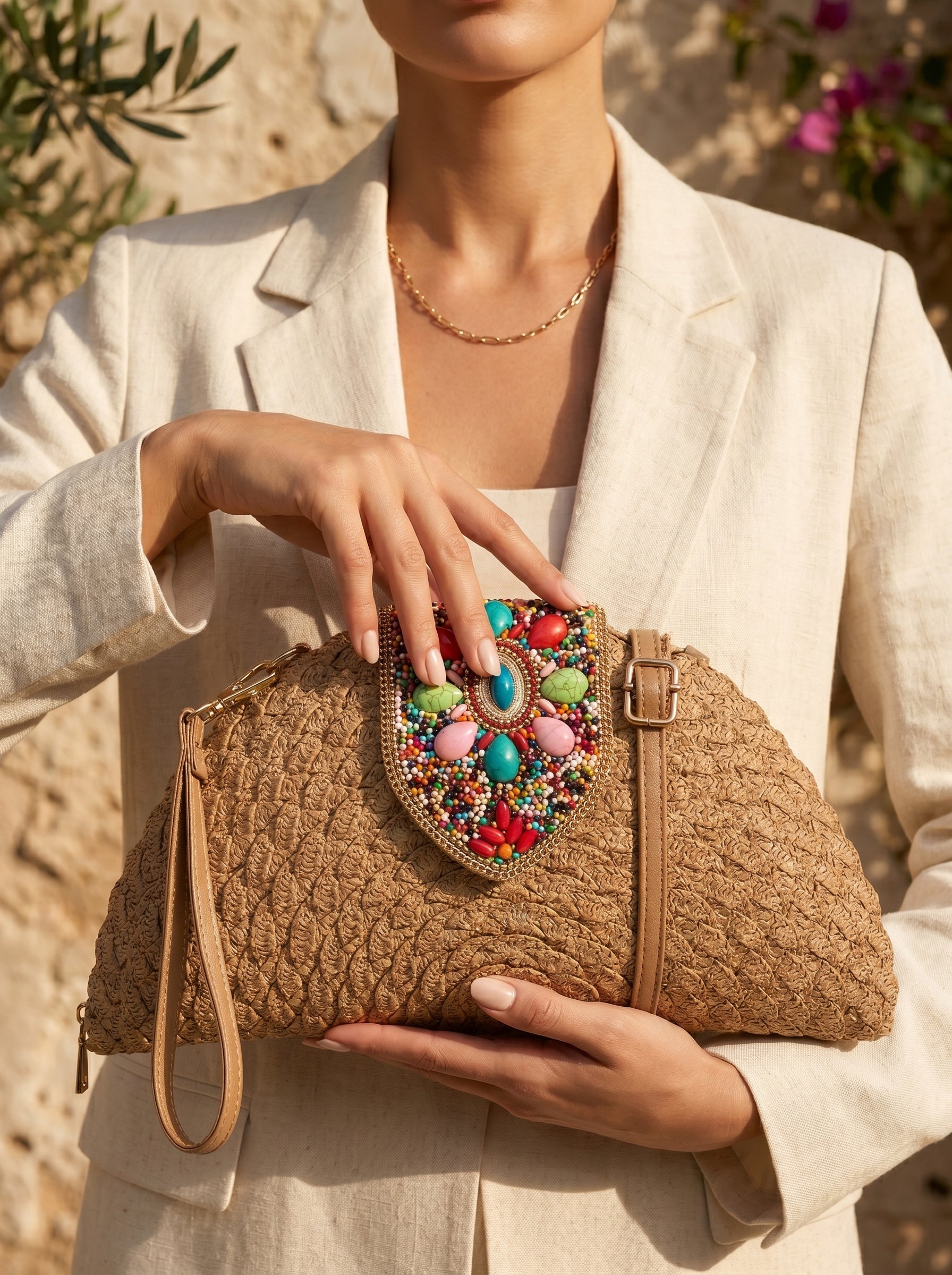 Beaded Flap Straw Clutch Bag with Wristlet Strap Cafe