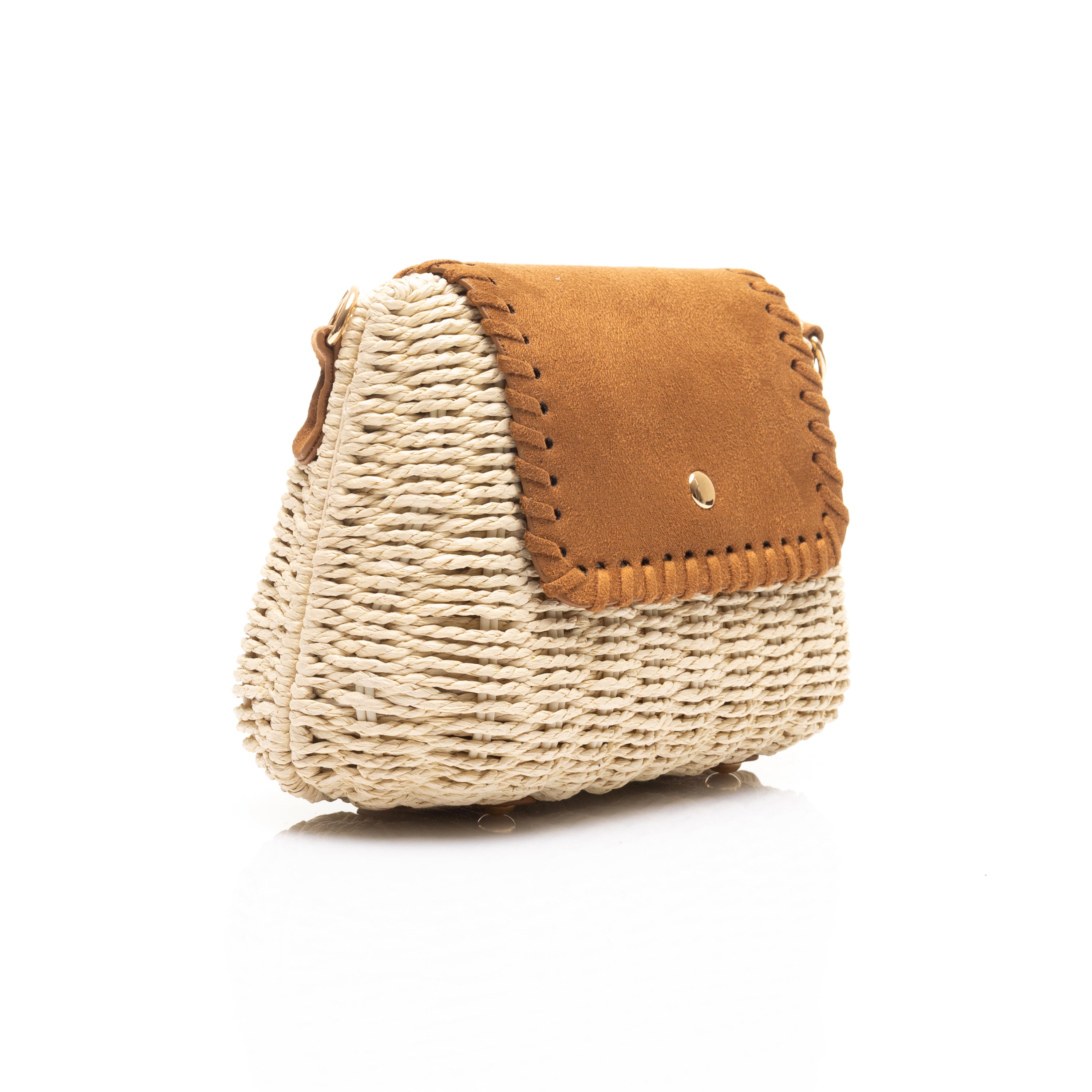 Woven Straw Shoulder Bag with Suede Whipstitch Flap Beige