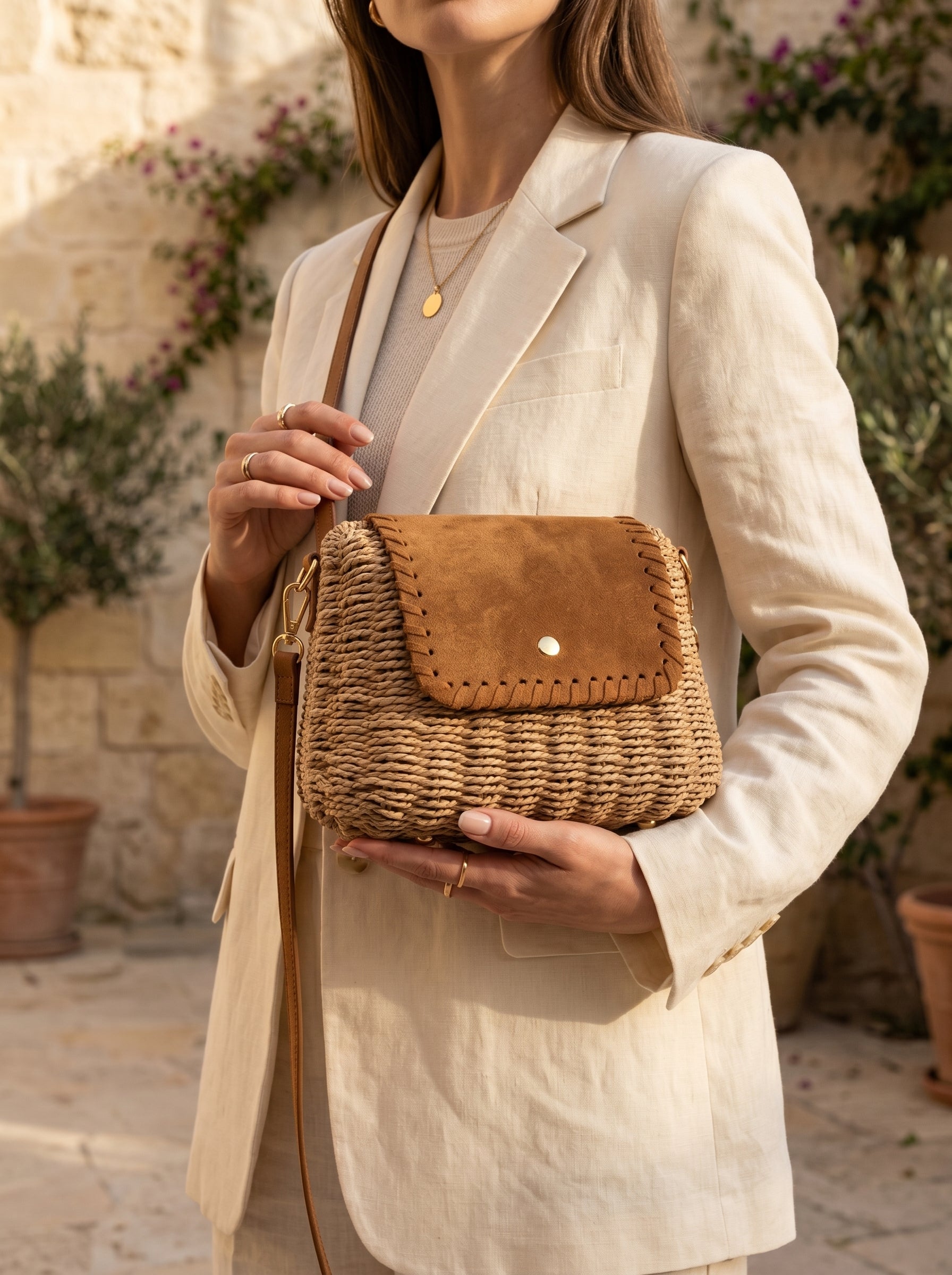 Woven Straw Shoulder Bag with Suede Whipstitch Flap Cafe